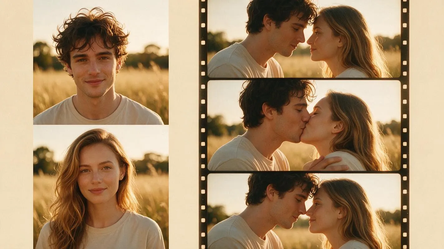 Two portraits becoming a short kissing video in film frames
