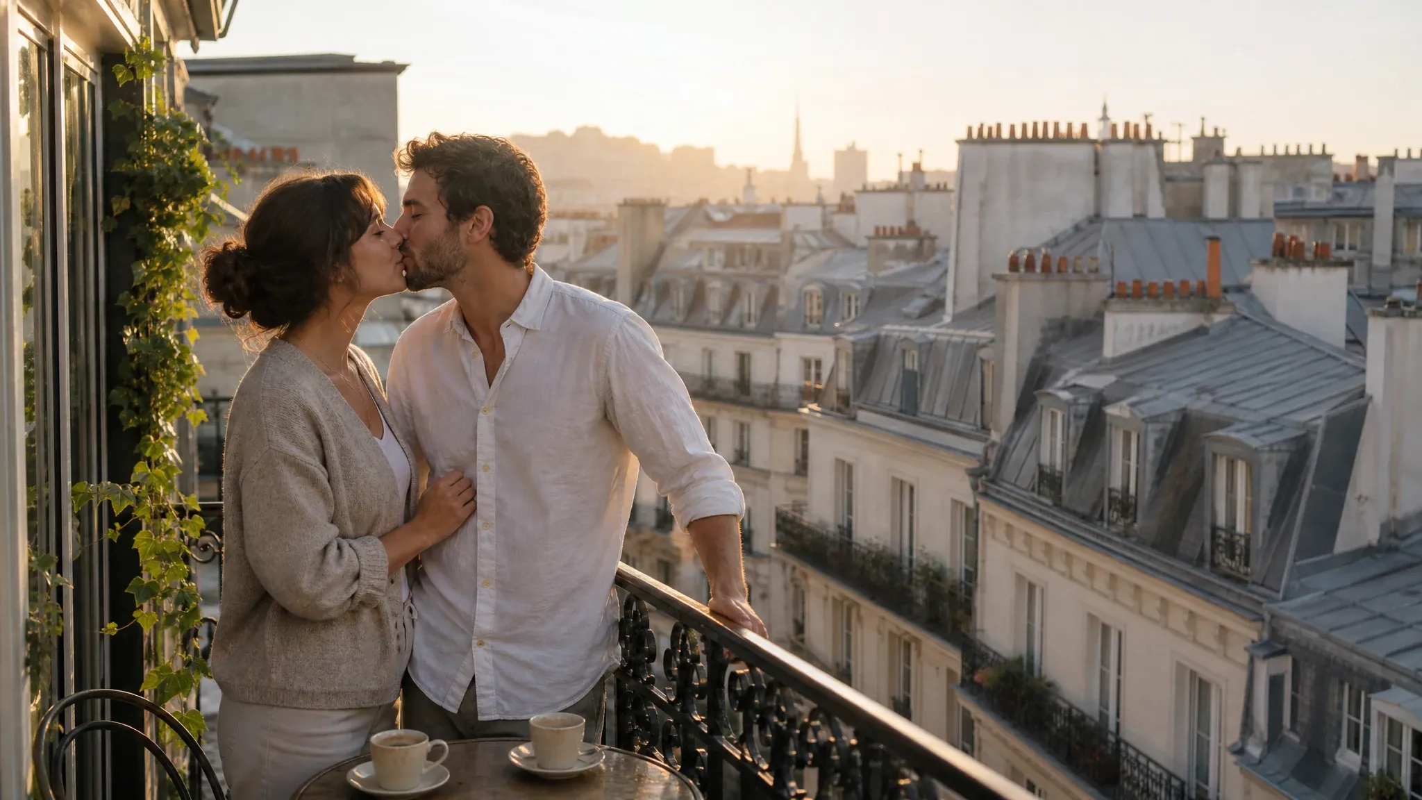 Adult couple leaning in for a light french kiss on a stone bridge at dusk
