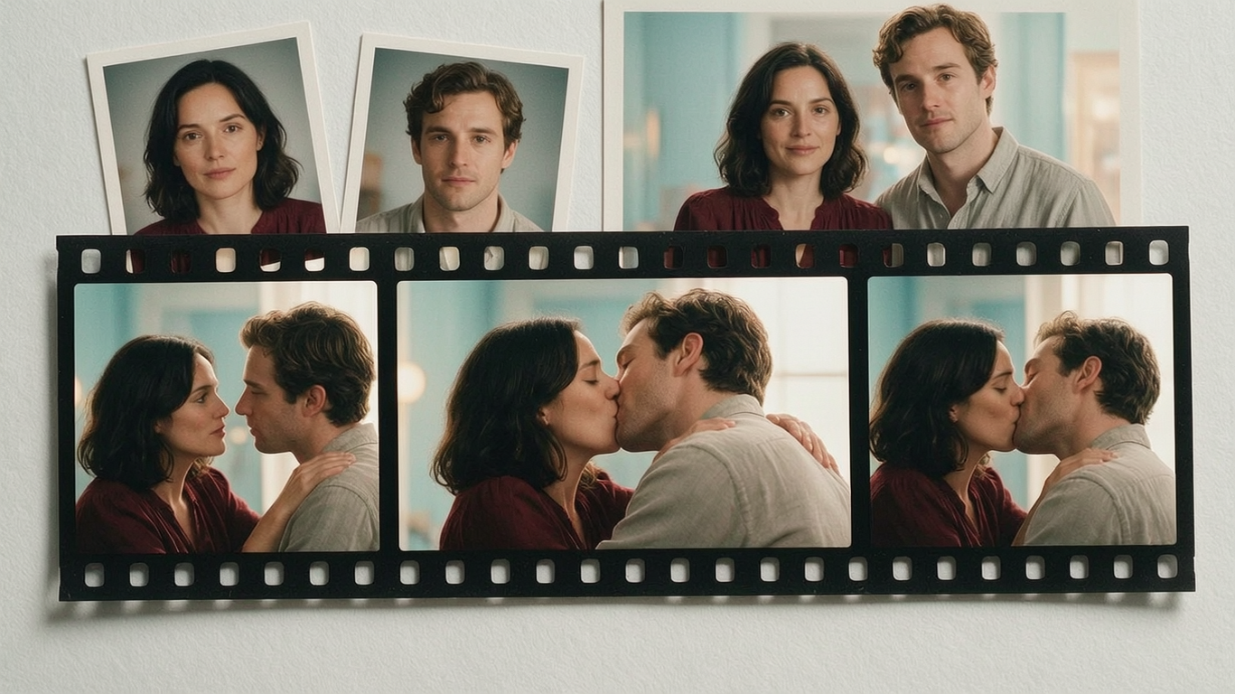 A couple photo and two solo portraits above film frames of a passionate hot kiss