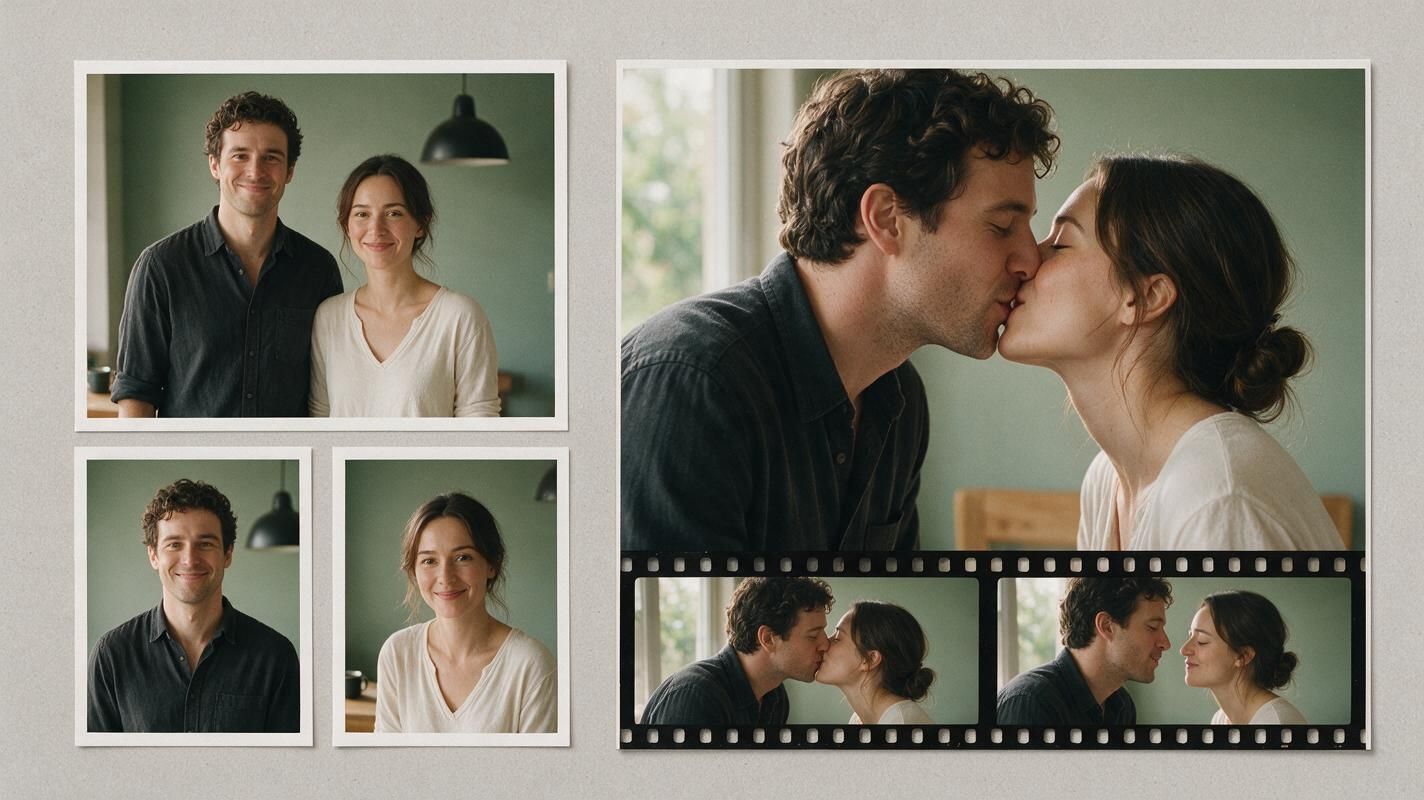 A couple photo and two portraits beside a tongue kiss video preview and film frames