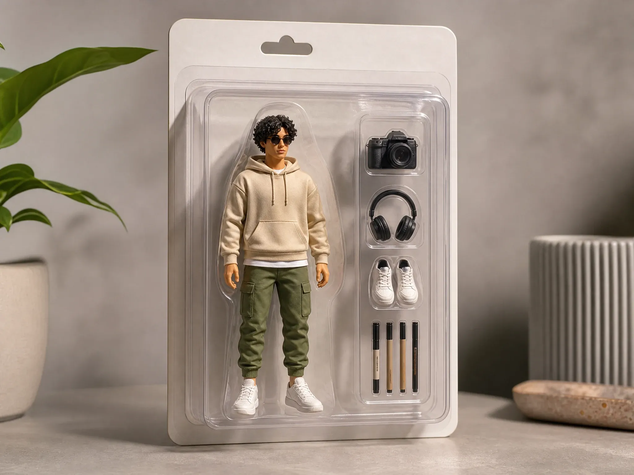 Packaged collectible action figure concept with blank box and accessories