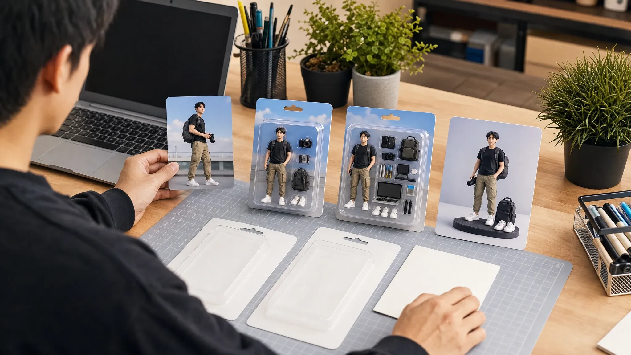 Action figure source image moving into cleaner reference-guided variants