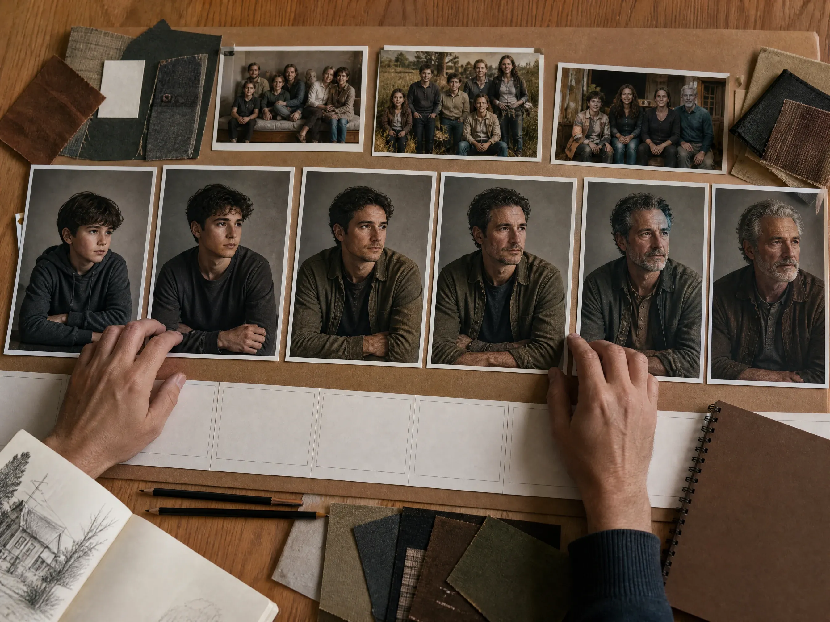 Character timeline portraits across multiple age stages