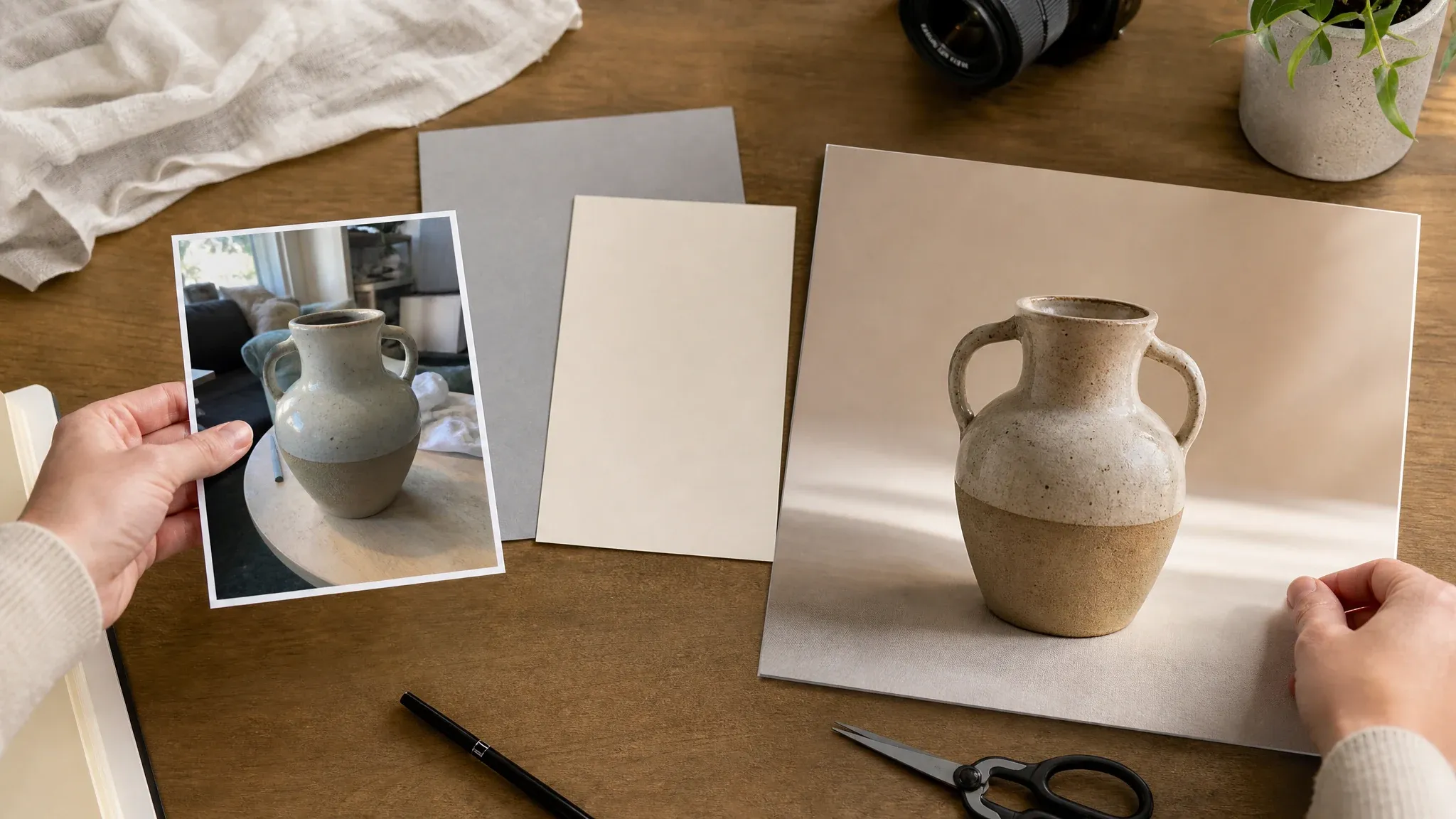 Photo background replacement workflow from messy source to clean result