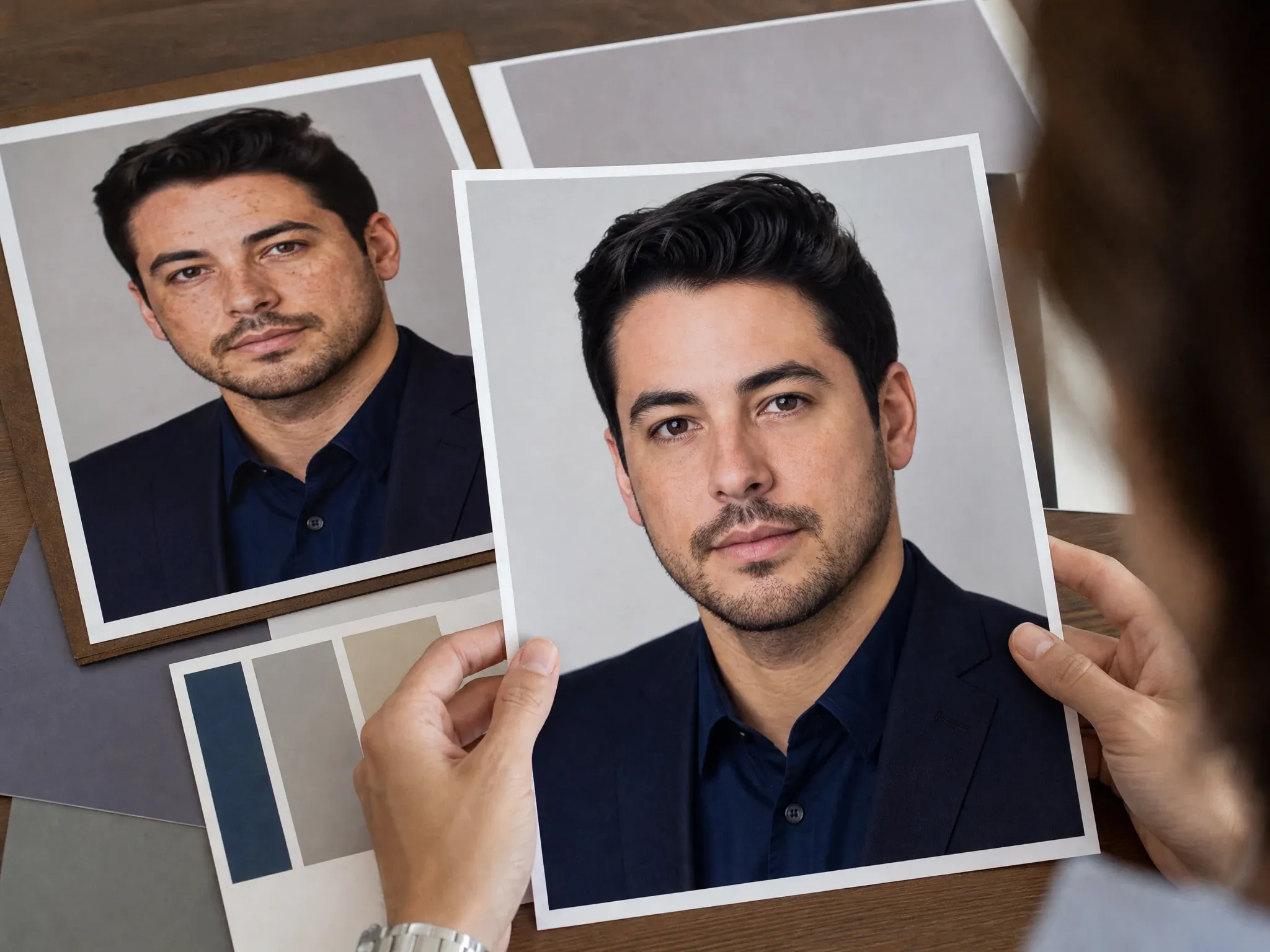 Deutsch professional headshot dark spot cleanup before and after