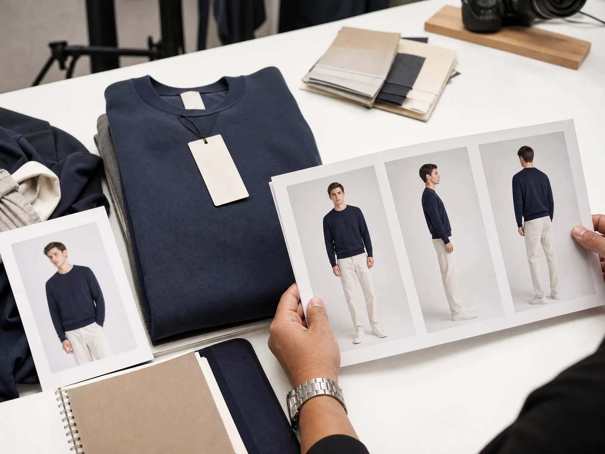 Ecommerce outfit preview on a model-style photo without text or logos