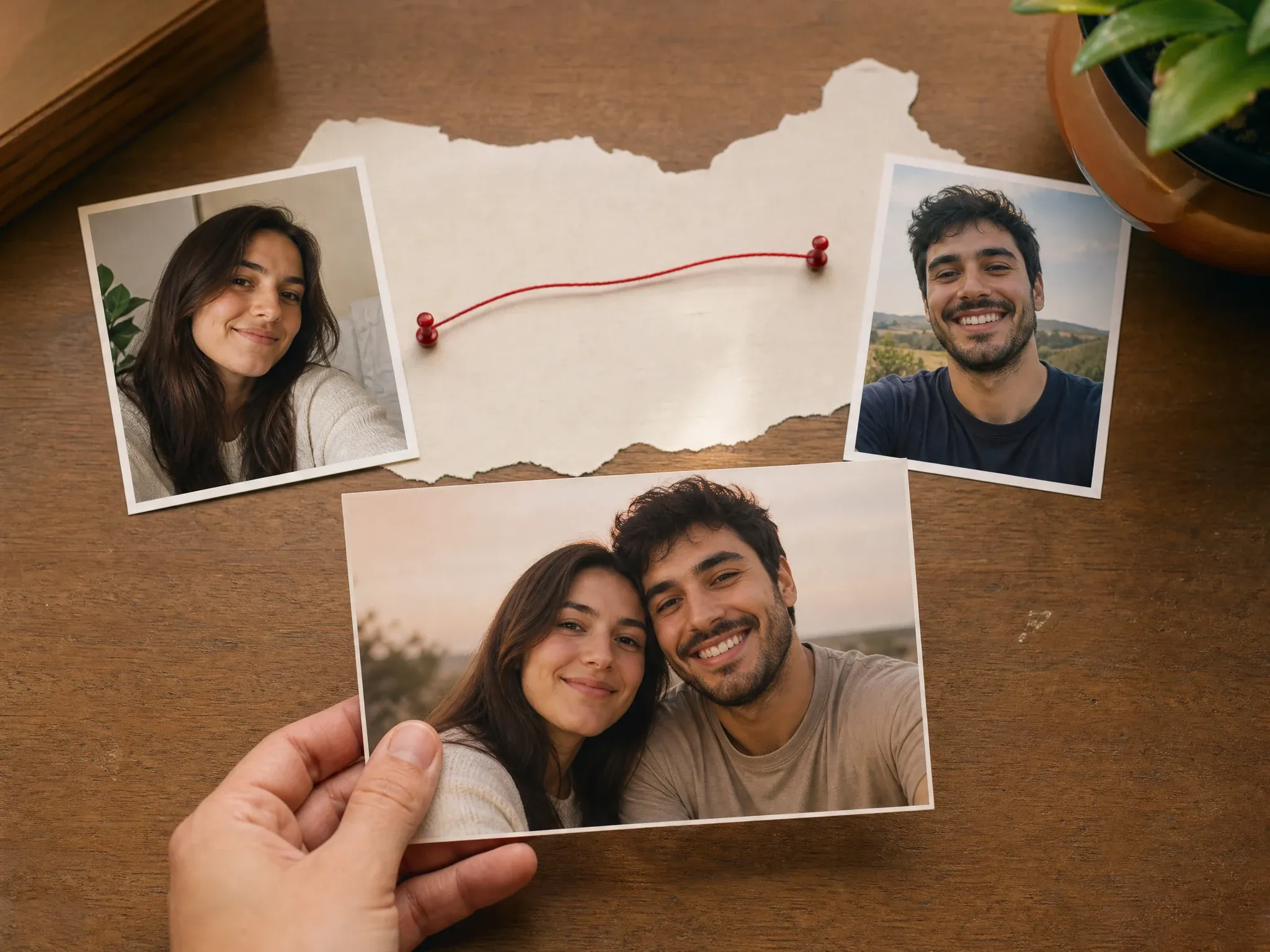 Two separate partner portraits becoming one realistic long-distance couple photo