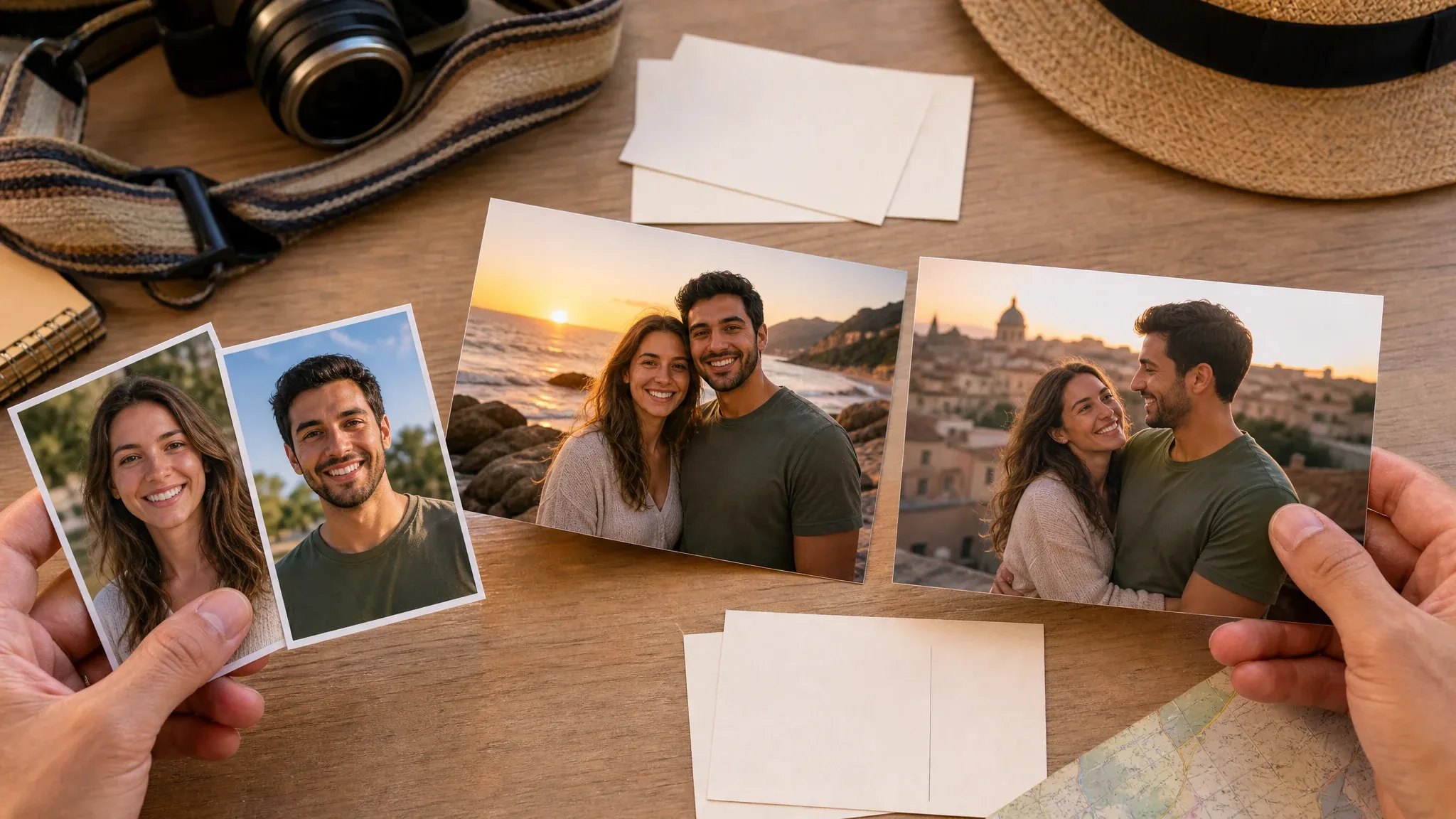 Realistic travel scene couple photo generated from partner portraits
