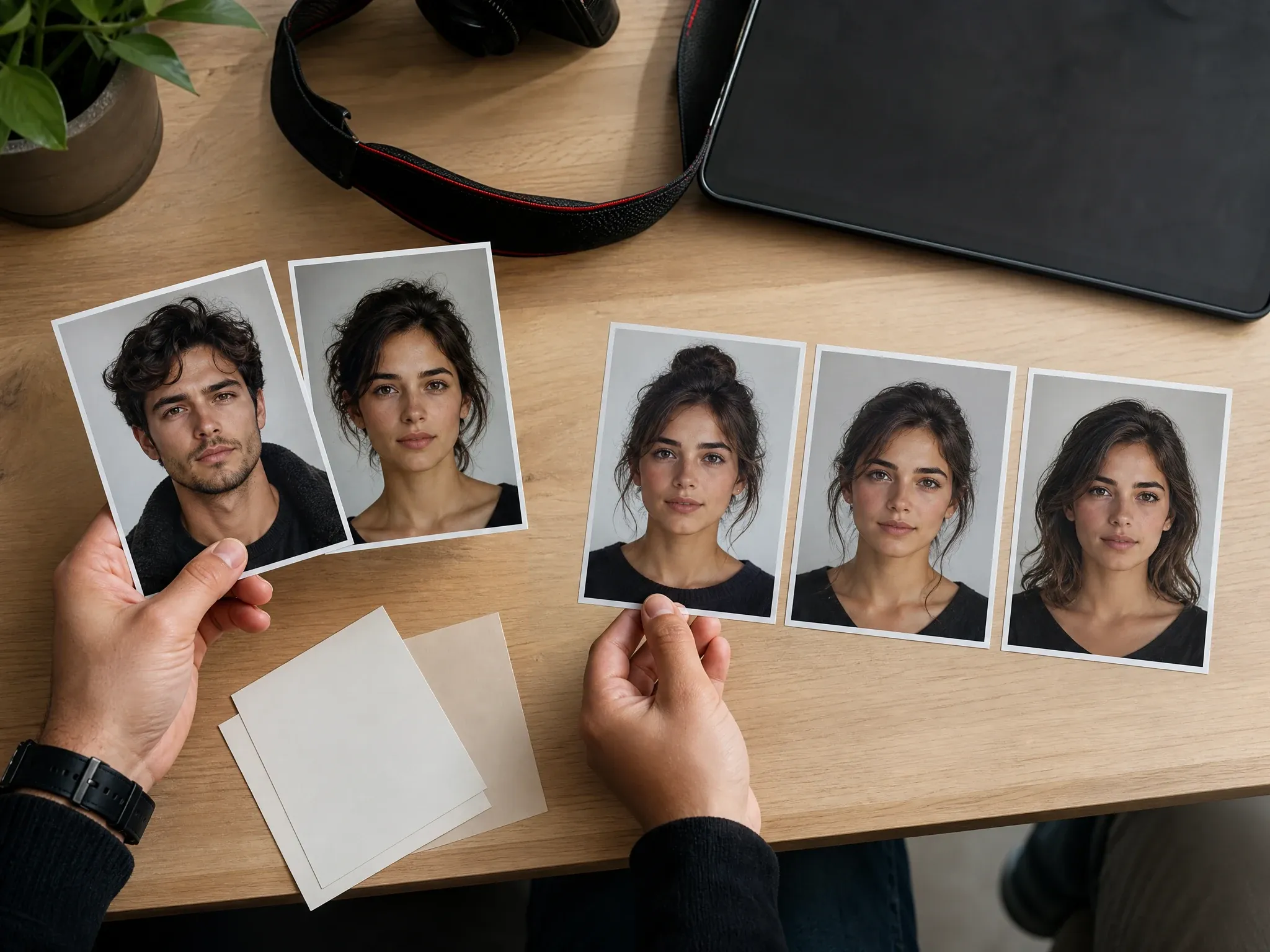 Designer comparing source portraits with blended avatar identity options