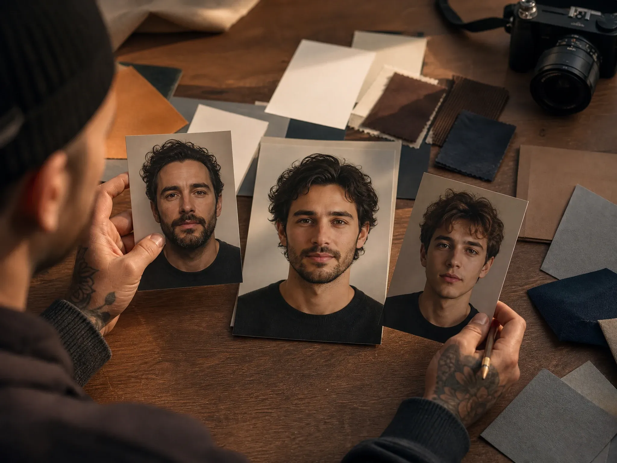 Art director reviewing two portrait references and one hybrid character face concept