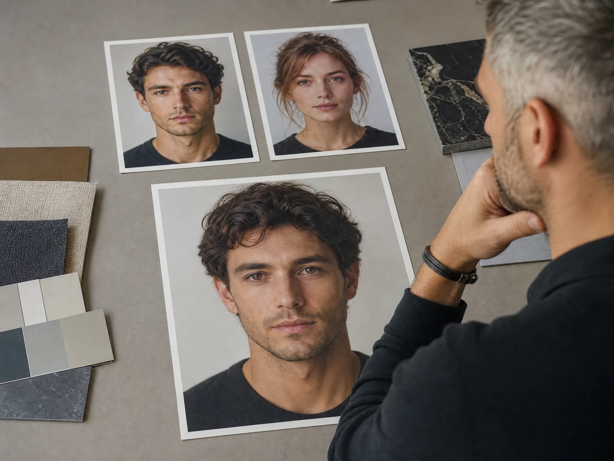 Two source portraits resolving into one blended face mixer portrait concept
