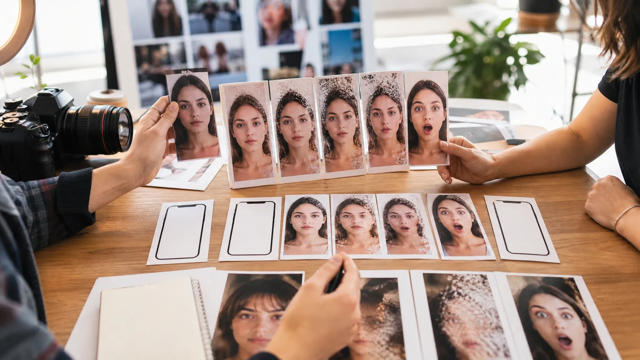 Creator team reviewing a face morph reveal sequence for social video planning