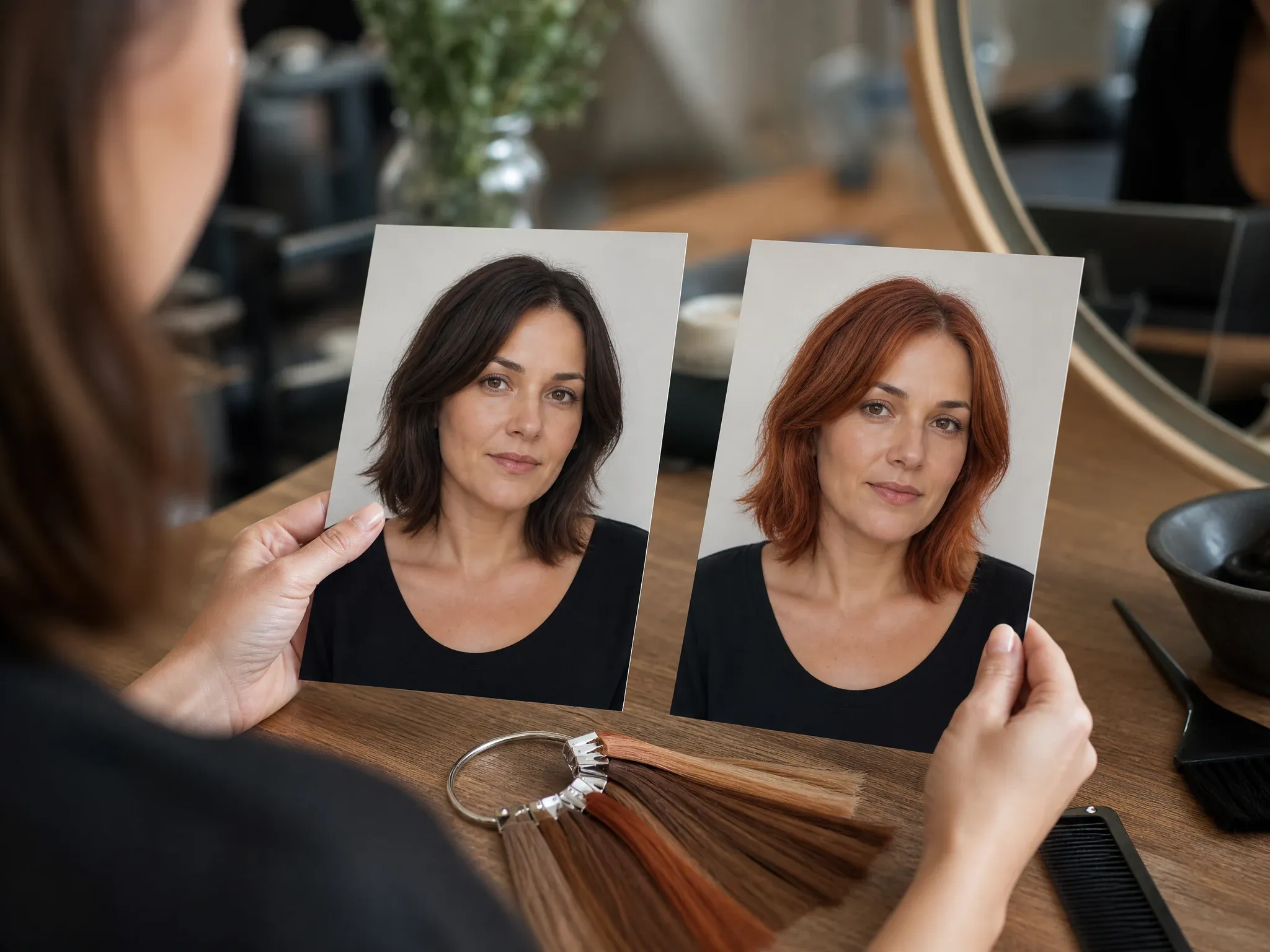 Person prüft AI Hair Color Try-on vor der Salonentscheidung