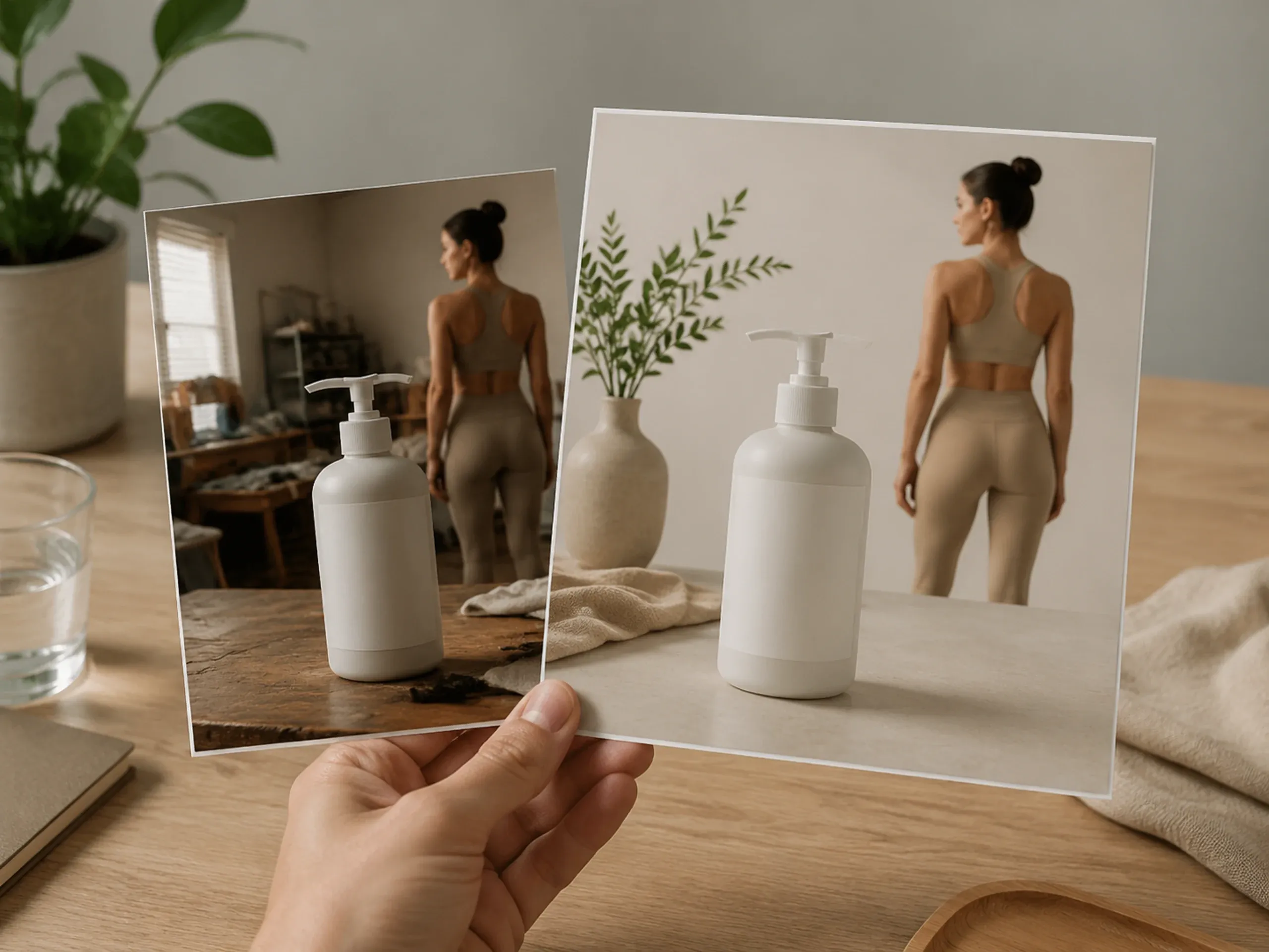 Product and portrait image moved from cluttered background to clean studio setting