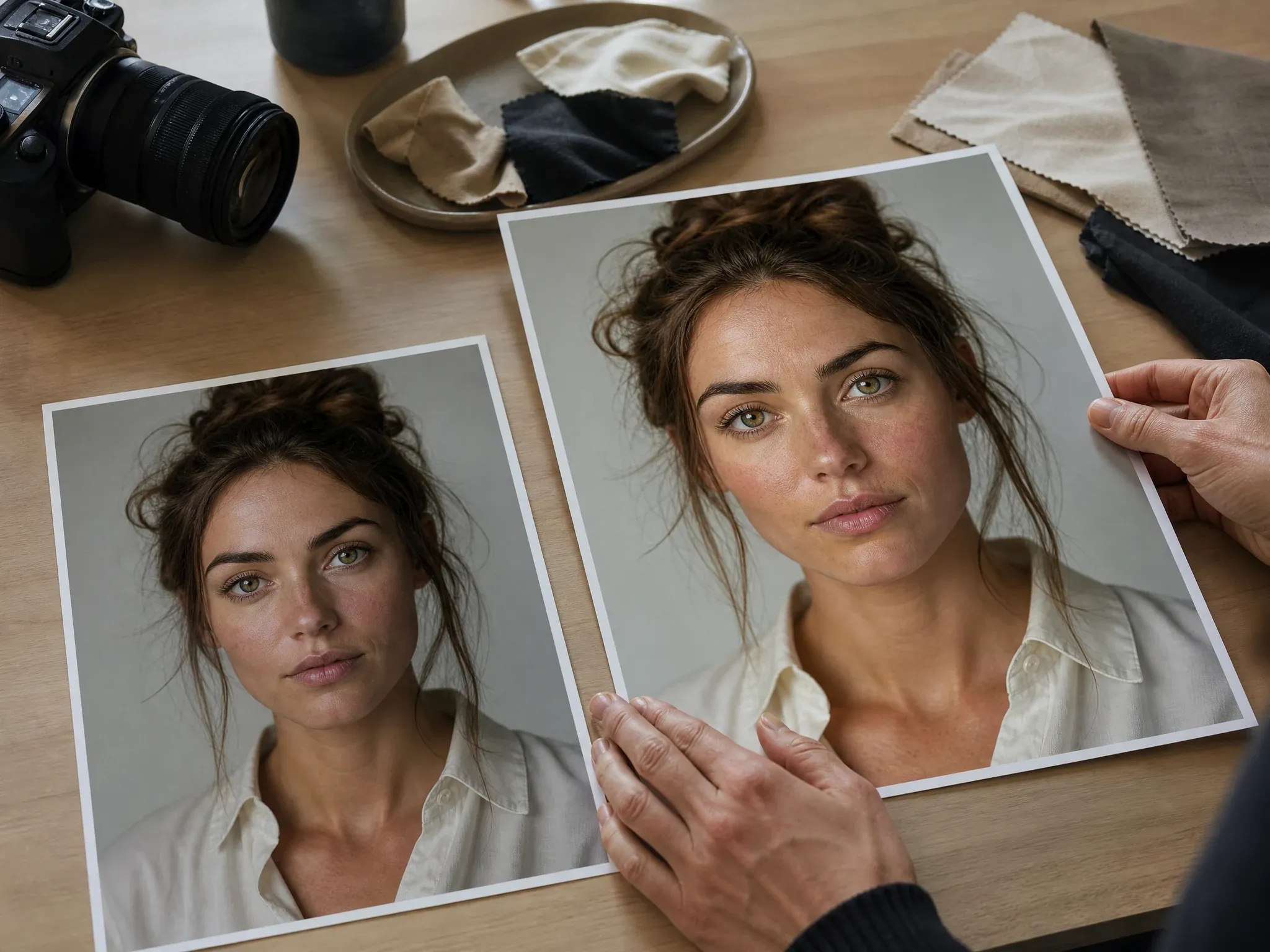Natural portrait retouch comparison preserving the same person