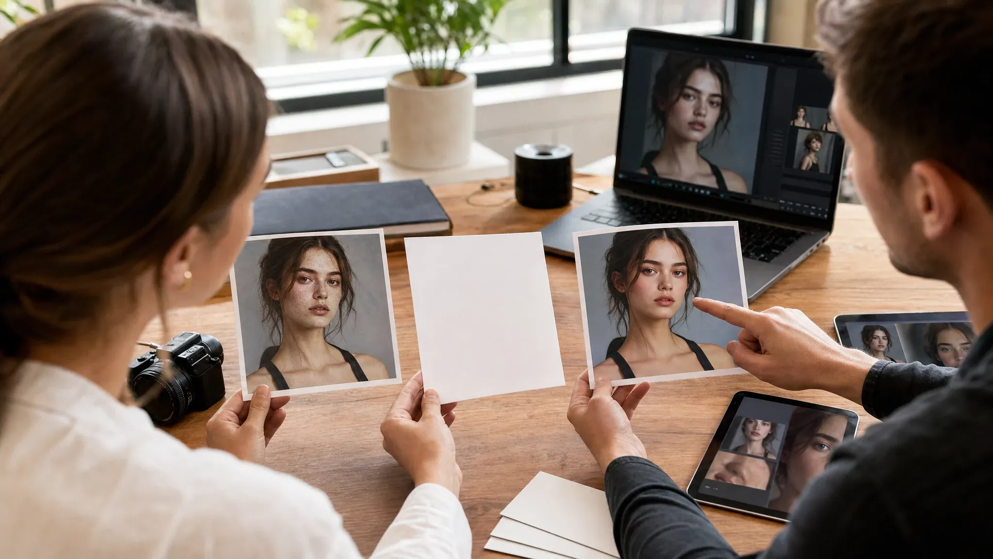 AI image editor workflow with source photo instruction card and cleaned result