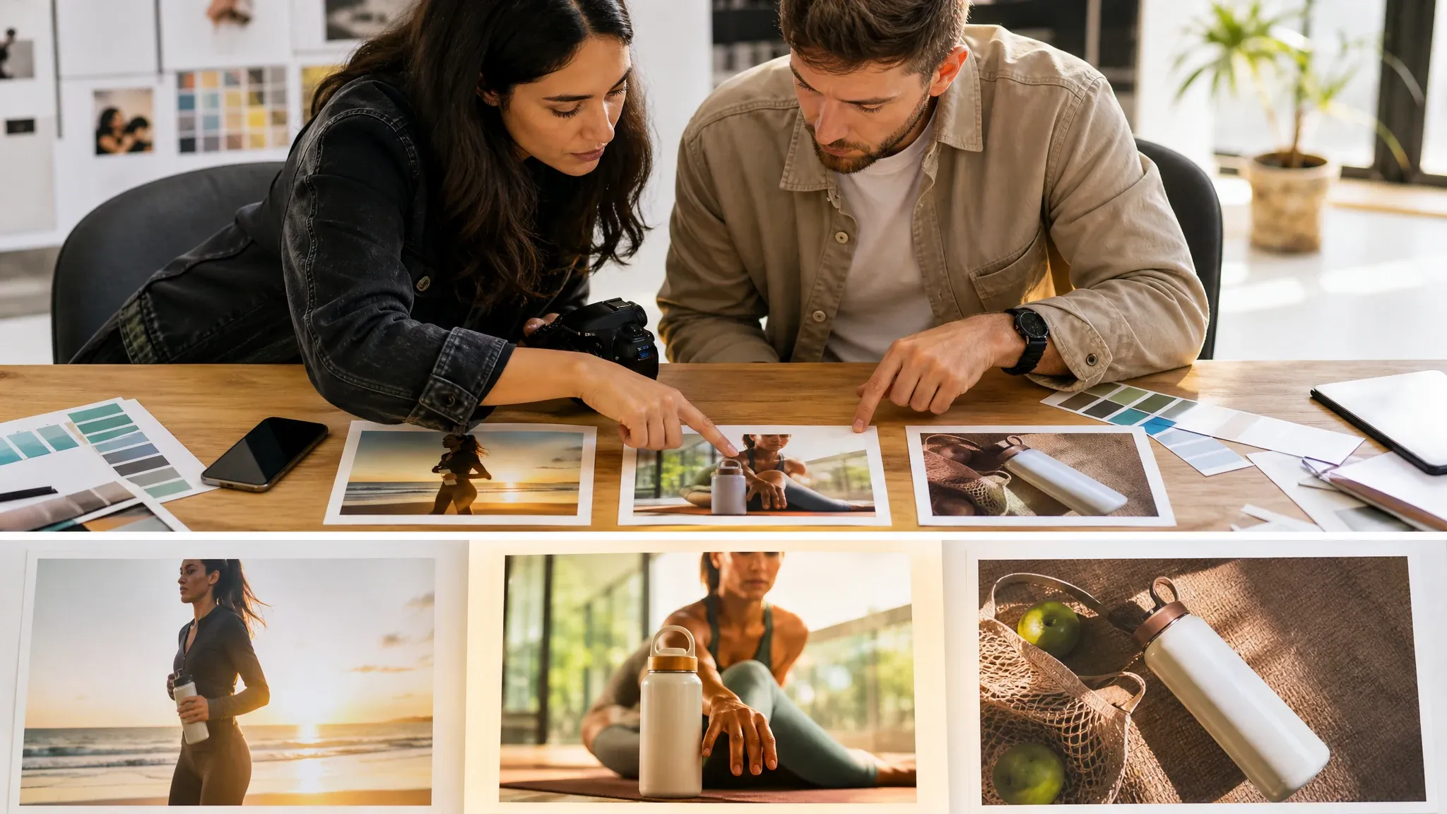 Creators reviewing AI generated social ad concept images without text