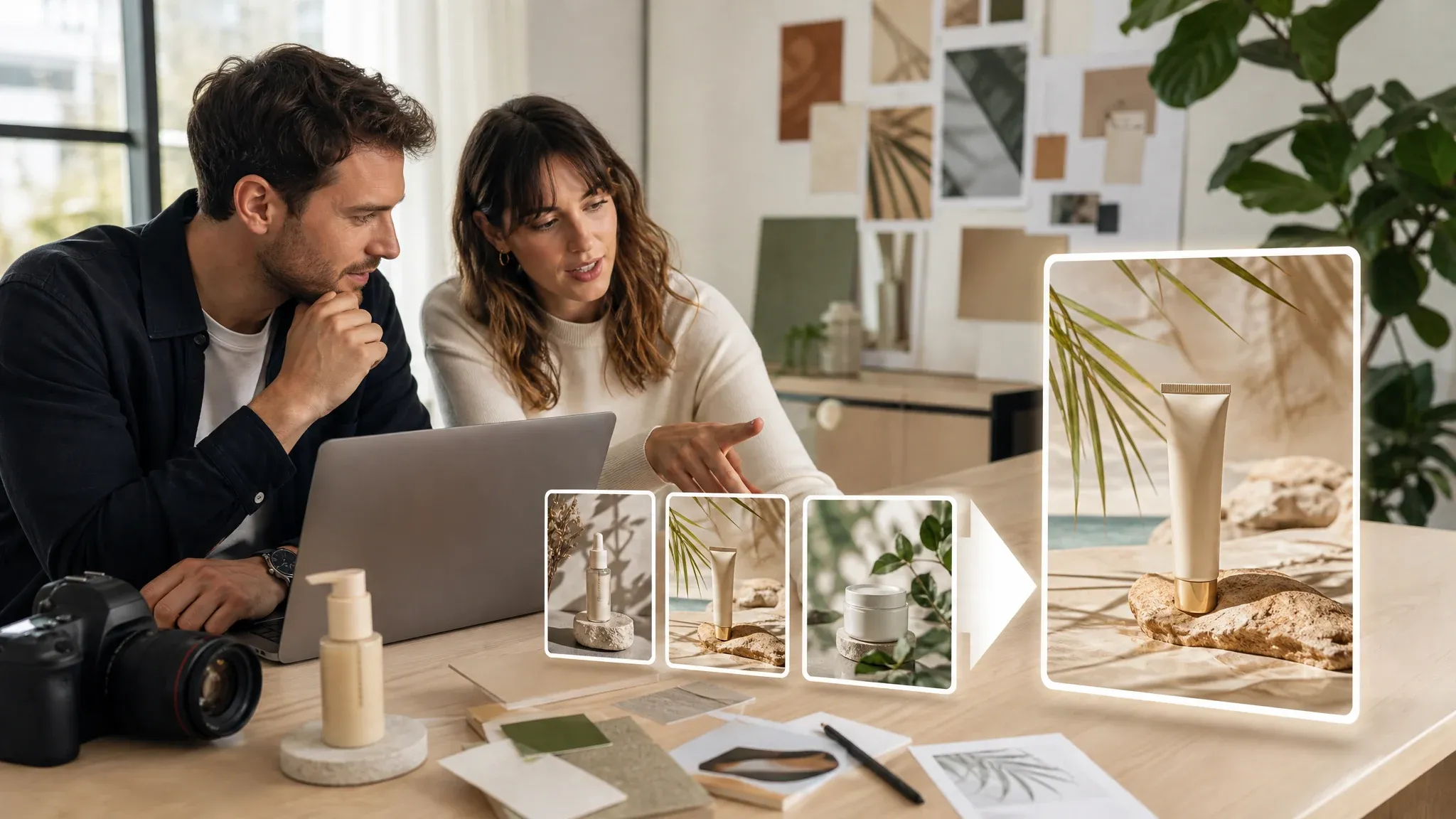 Marketing team reviewing AI generated product and campaign visuals
