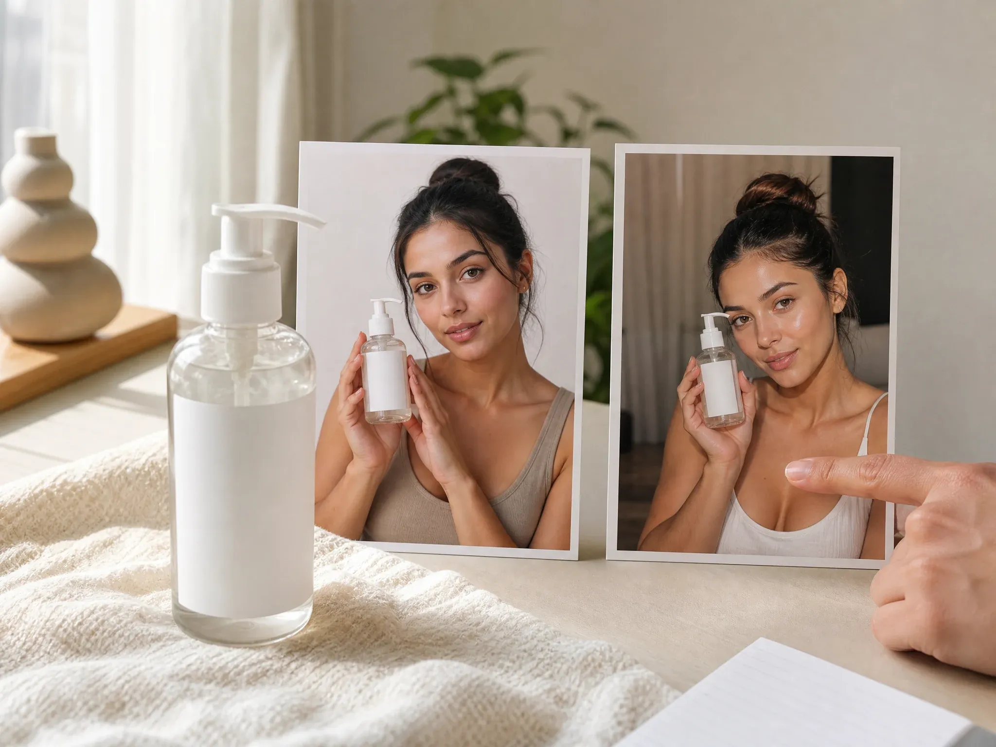AI influencer product creator still with blank-label product and natural lighting