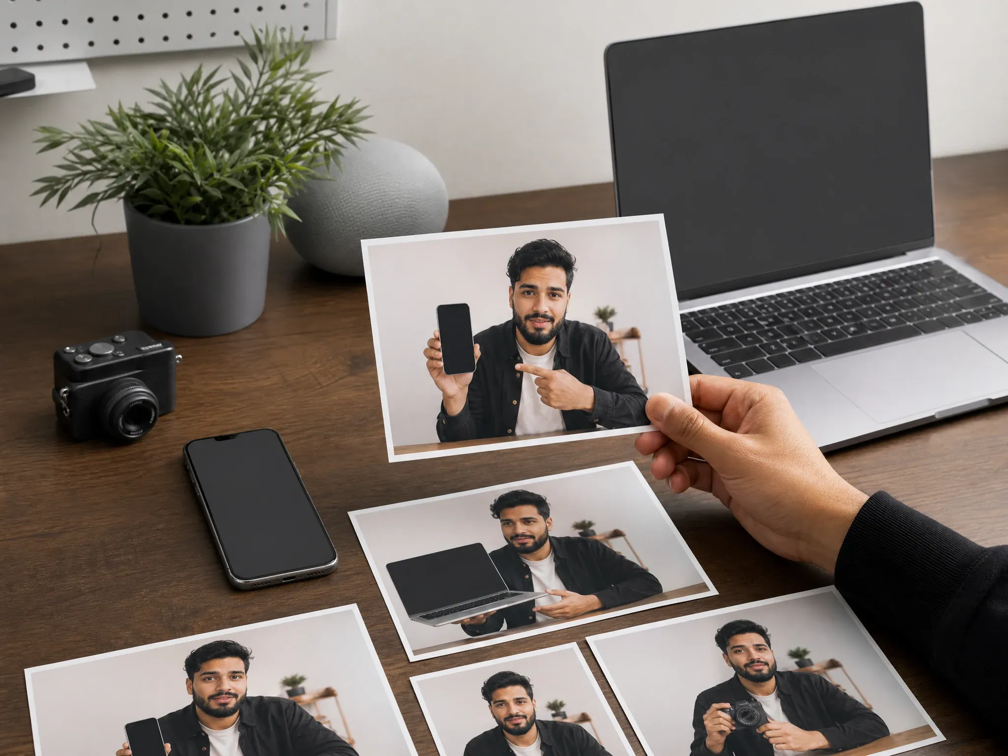 Tech reviewer persona concept cards on a clean creative desk