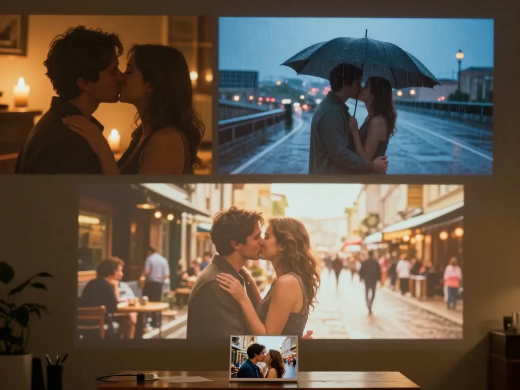 Adult couple leaning into a kiss in warm sunset light