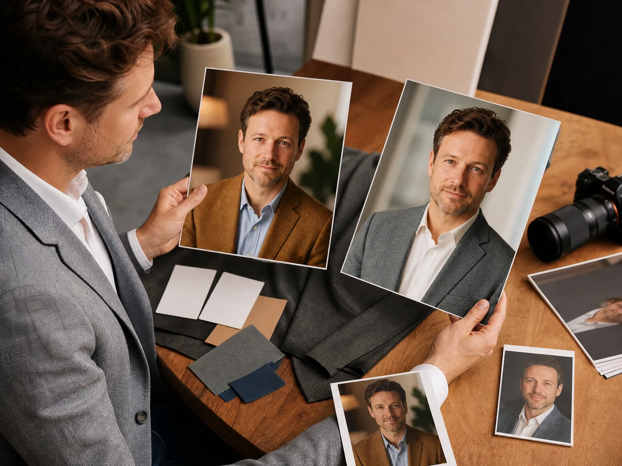 Founder and consultant LinkedIn photo variants in realistic professional settings
