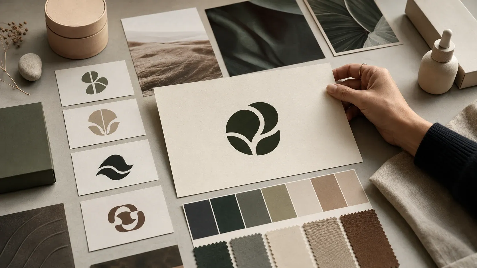Brand moodboard built from logo concept directions and blank color cards