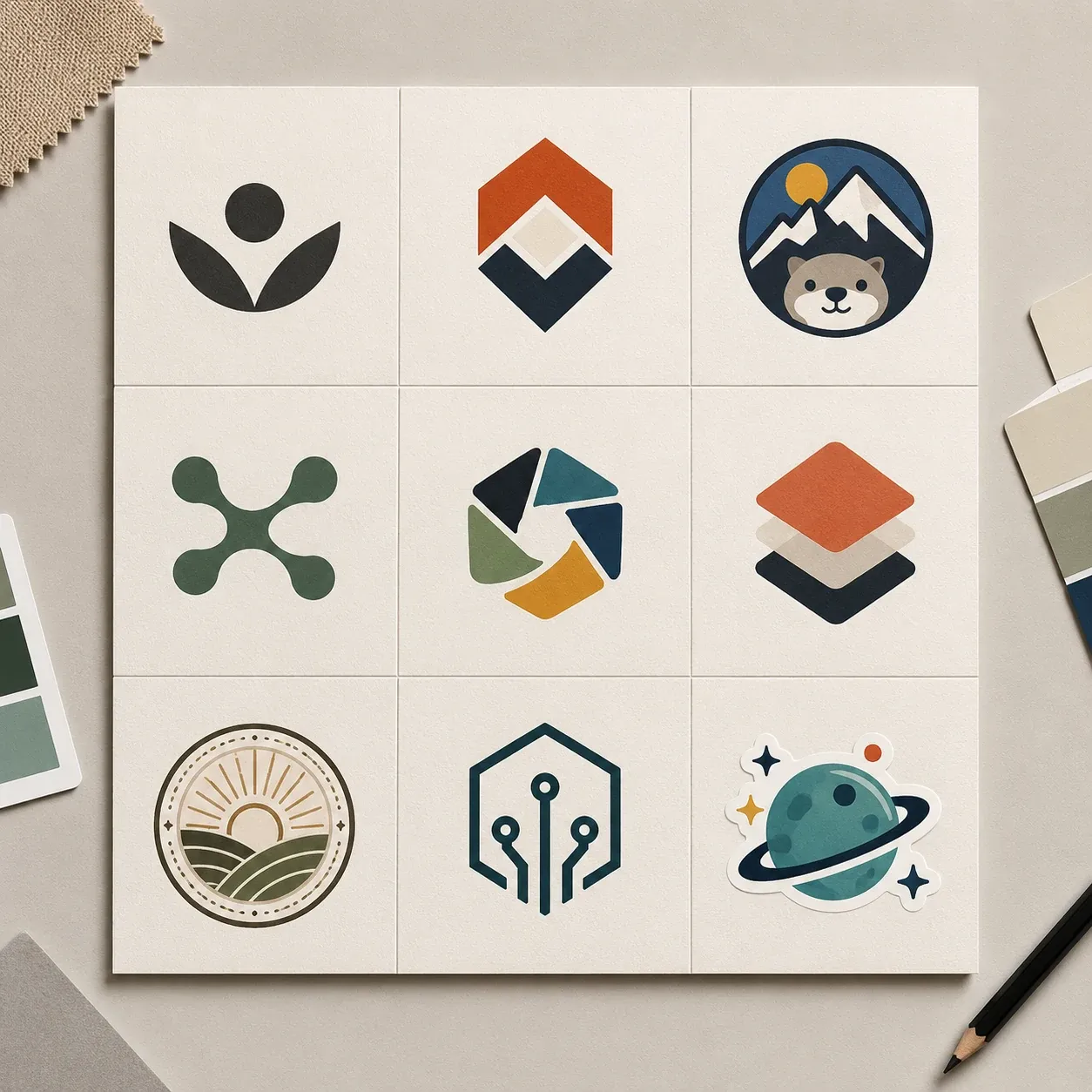 Nine-grid logo concept board with original text-free brand marks