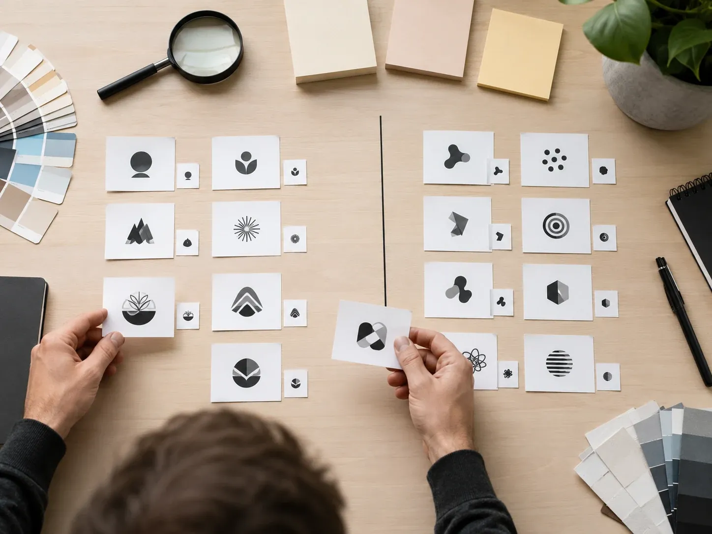 Logo concept quality review board before manual editing