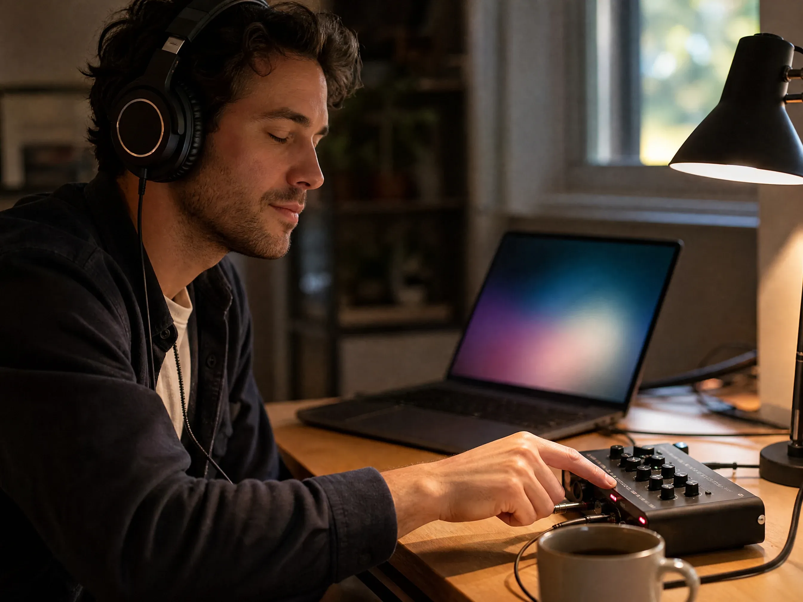 Musician listening to a short draft before continuing it