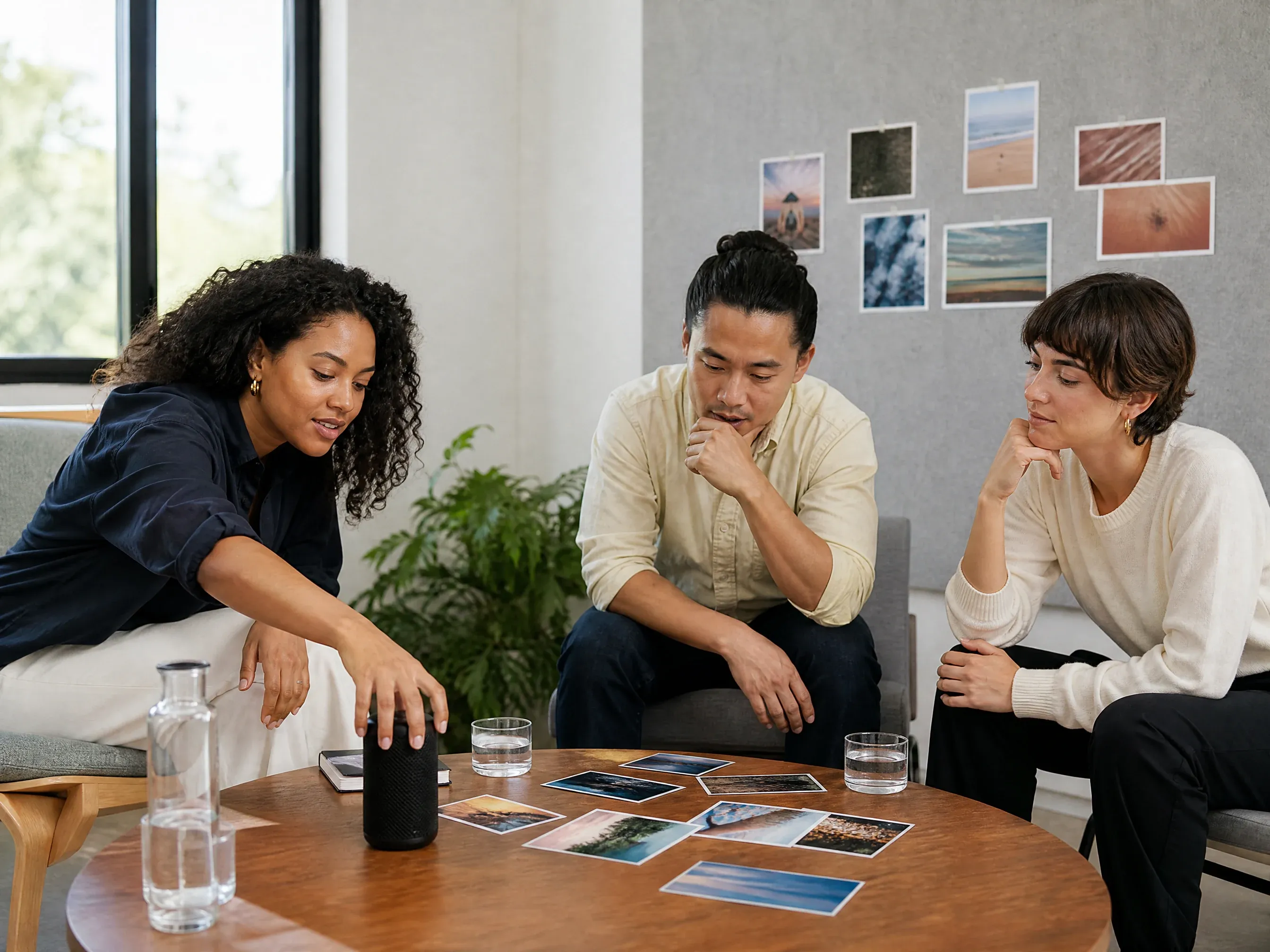 Small brand team listening to campaign music directions together