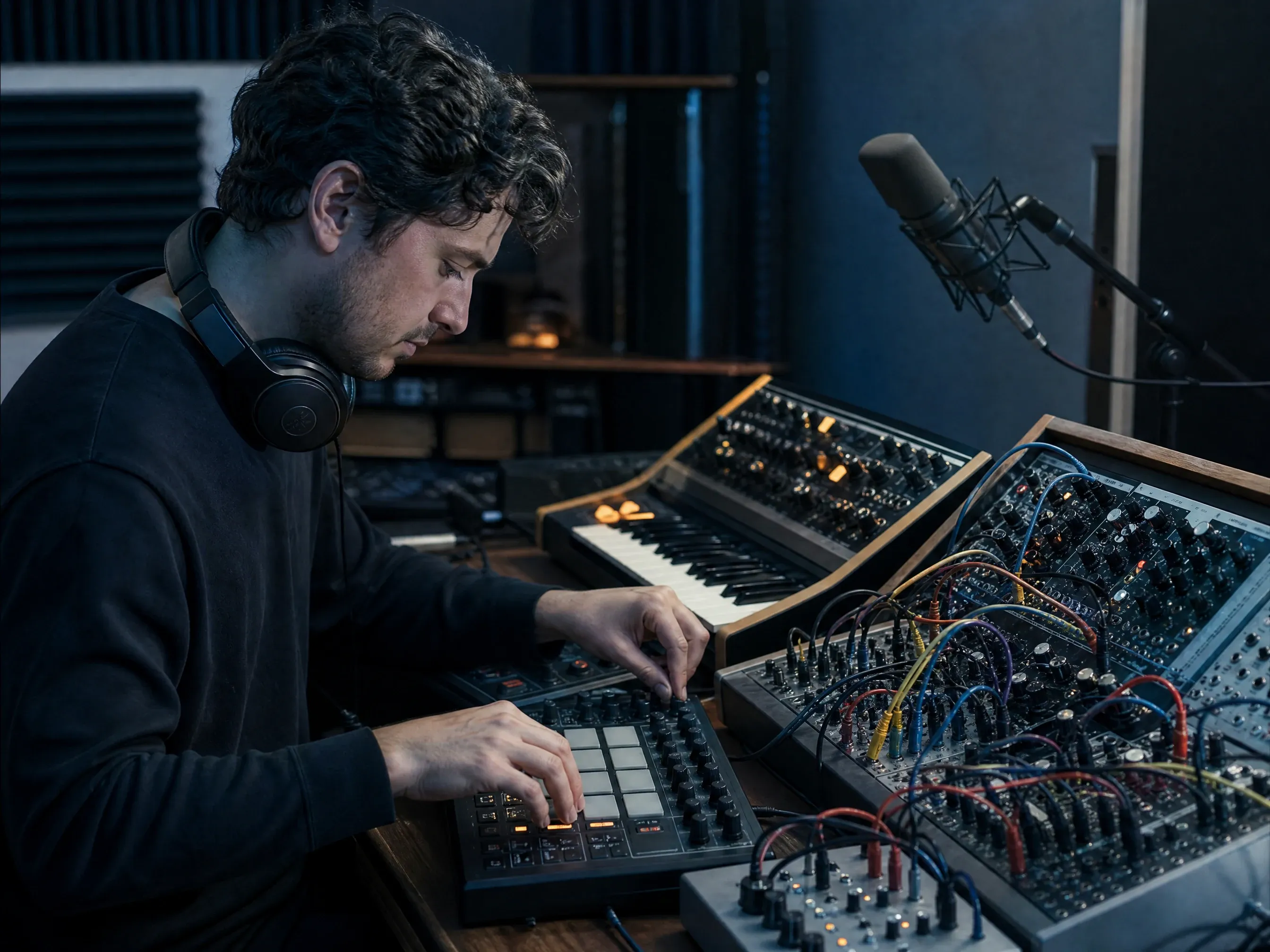 Producer programming an instrumental pattern on a synthesizer and drum machine