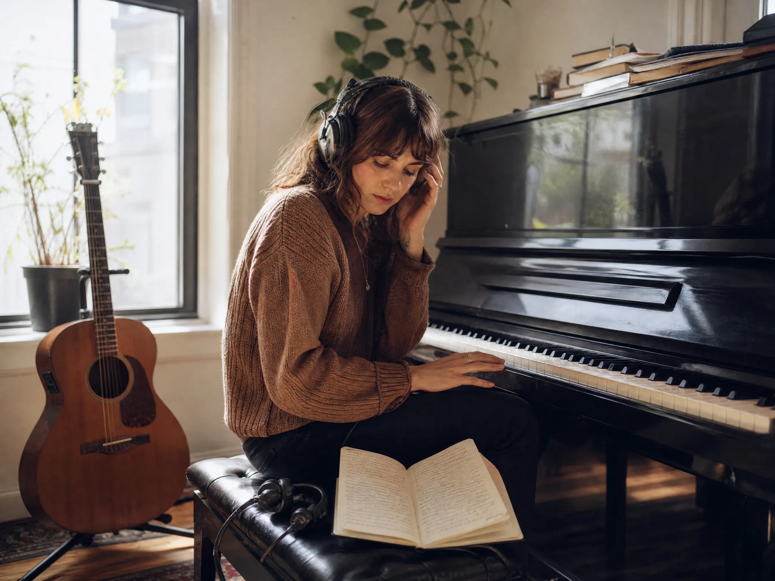 Songwriter testing lyric drafts beside a piano and headphones