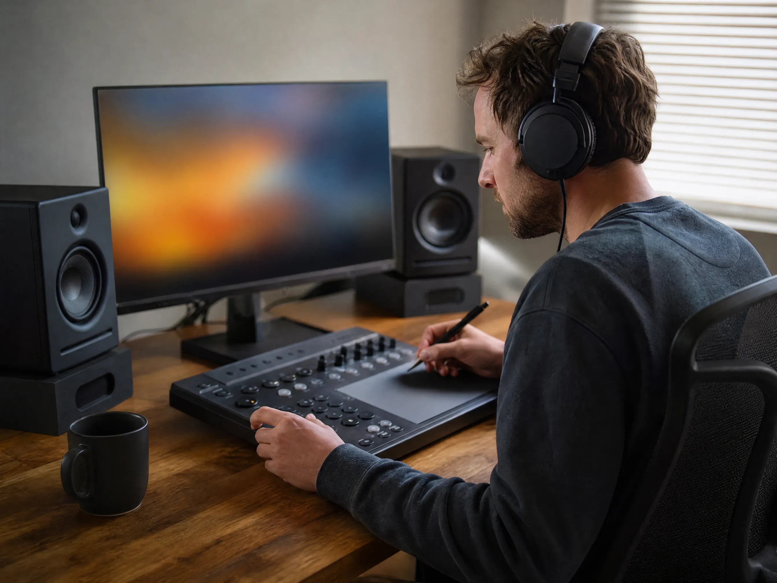 Editor listening to a generated track behind a video timeline