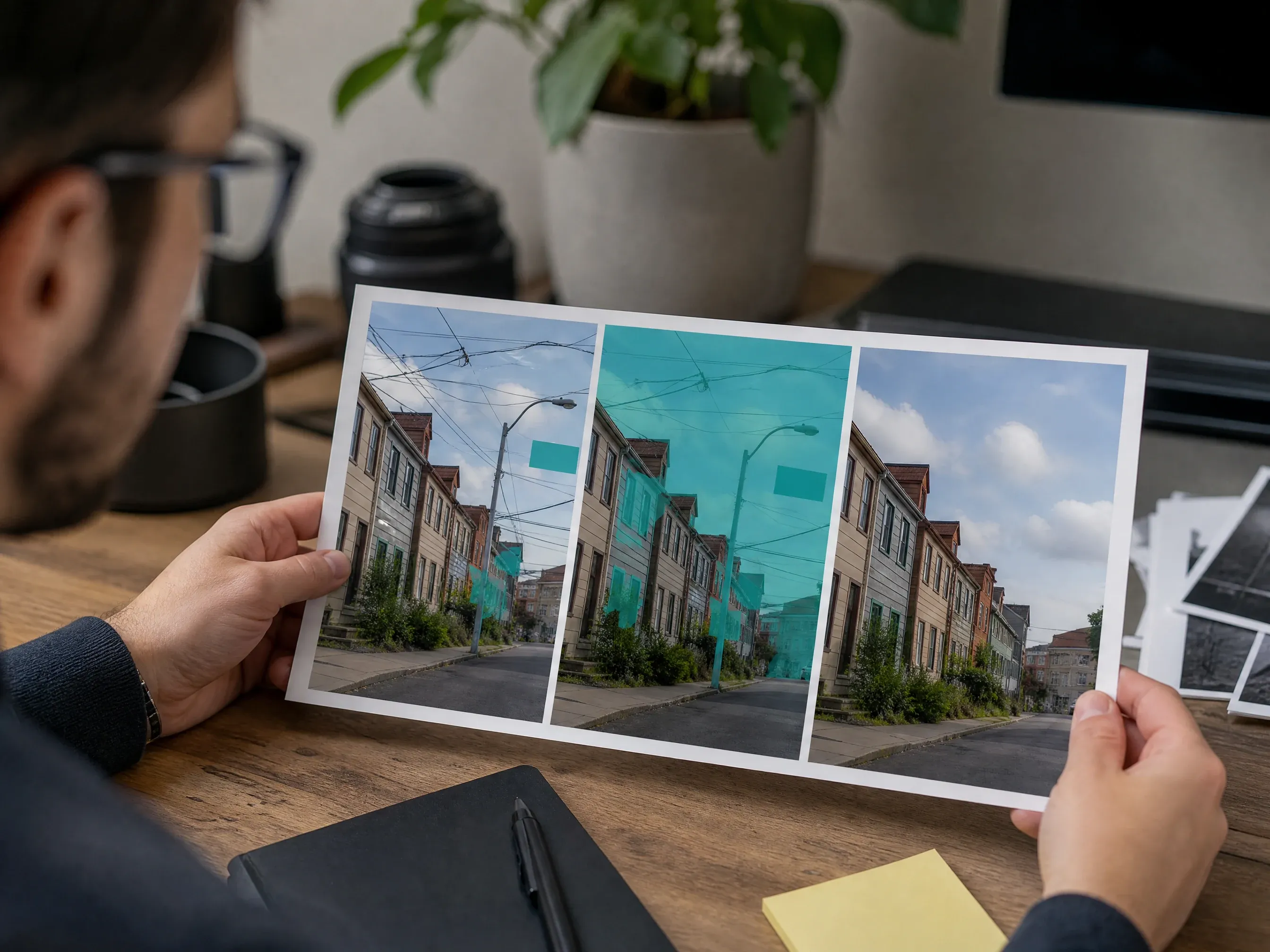 Sign and wire cleanup in a photo using a brush mask