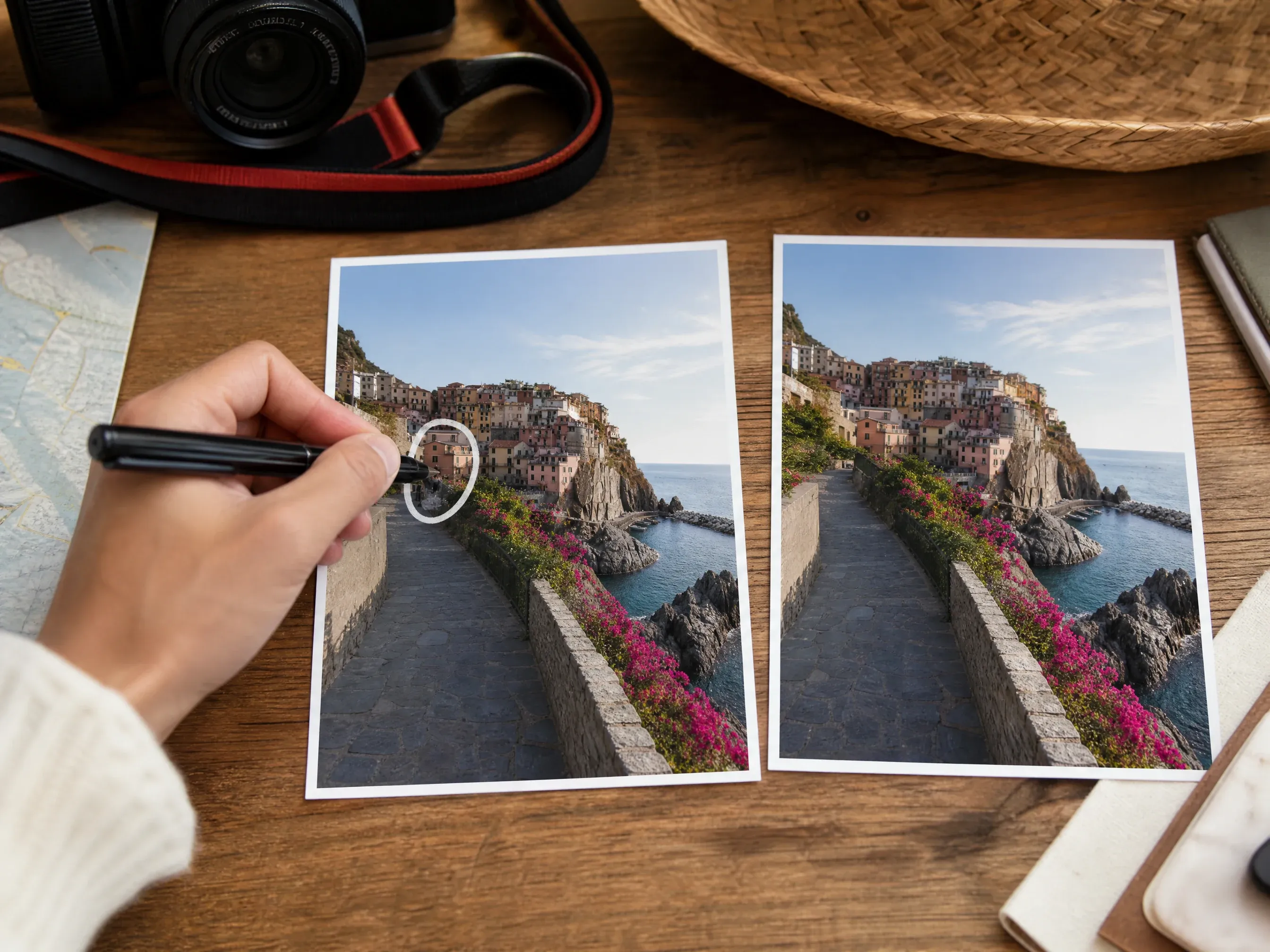 Travel photo object removal cleanup with a masked distraction
