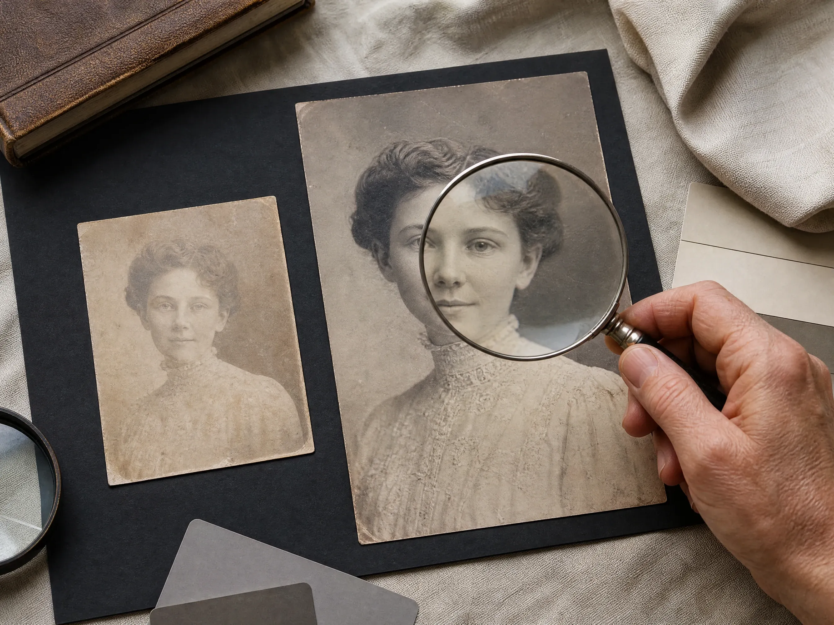 Faded old portrait reviewed after a clearer enhancement pass
