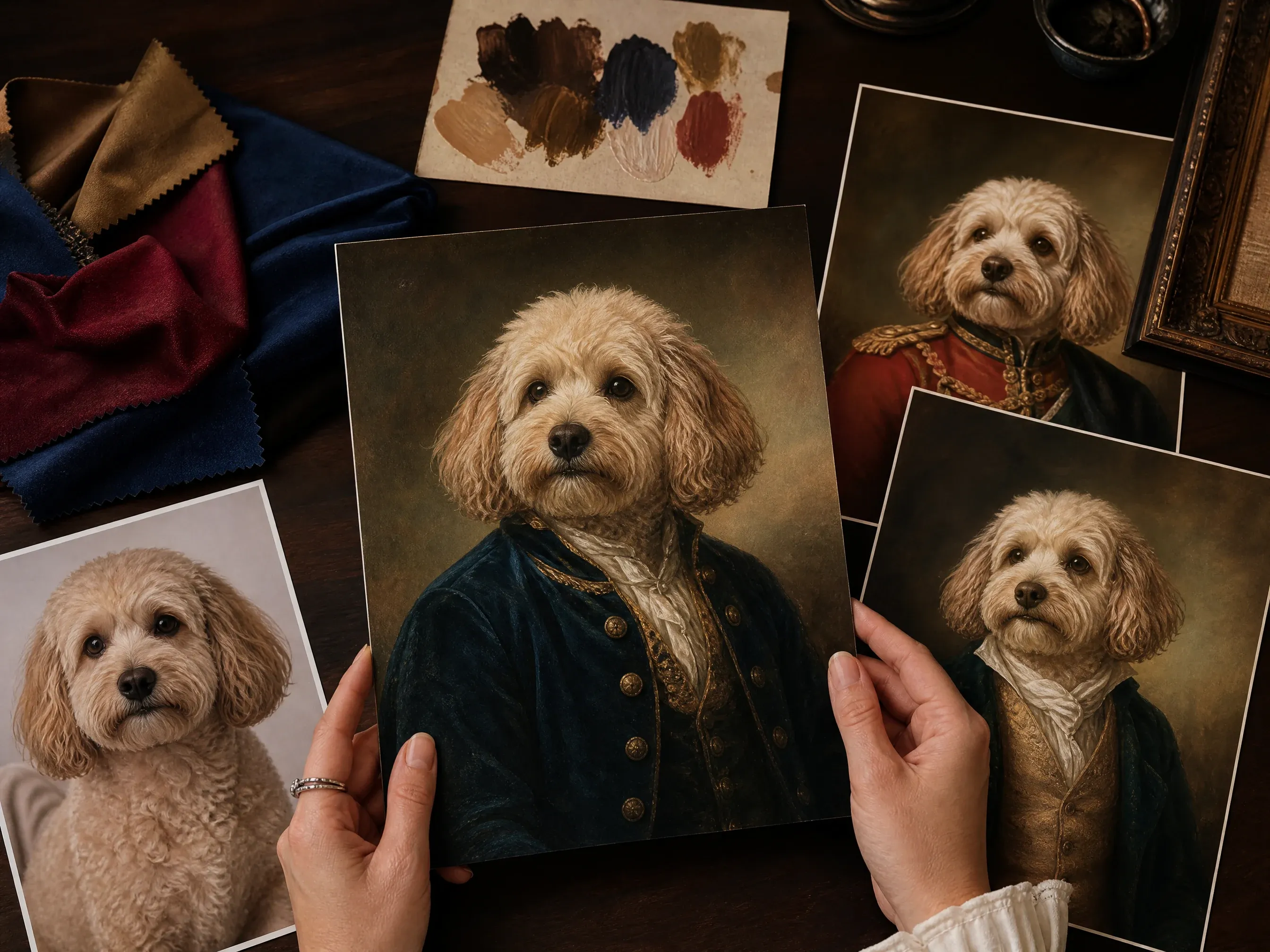 Royal classic pet portrait concept cards without readable symbols