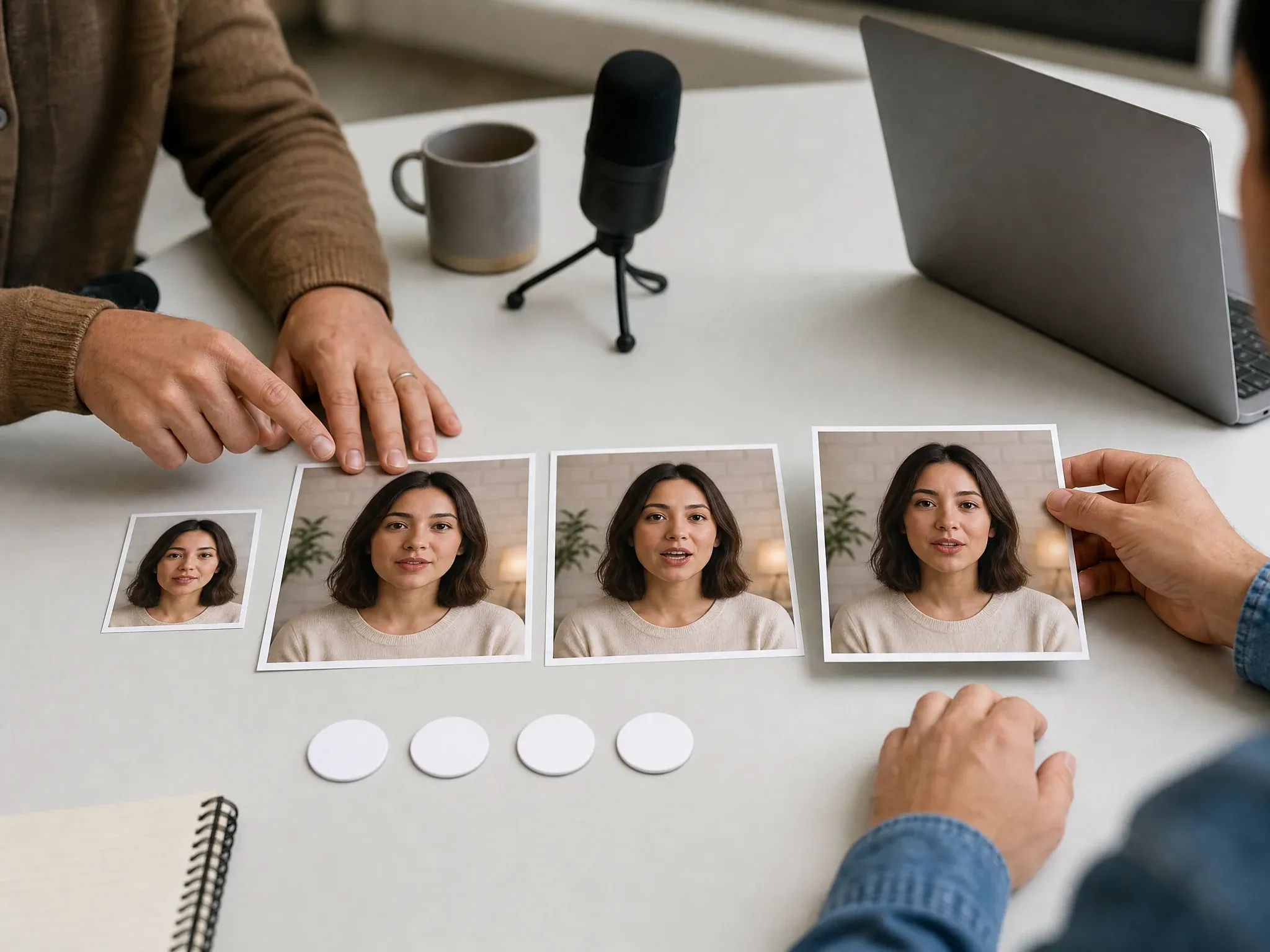 Talking avatar result cards reviewed by a content team without text