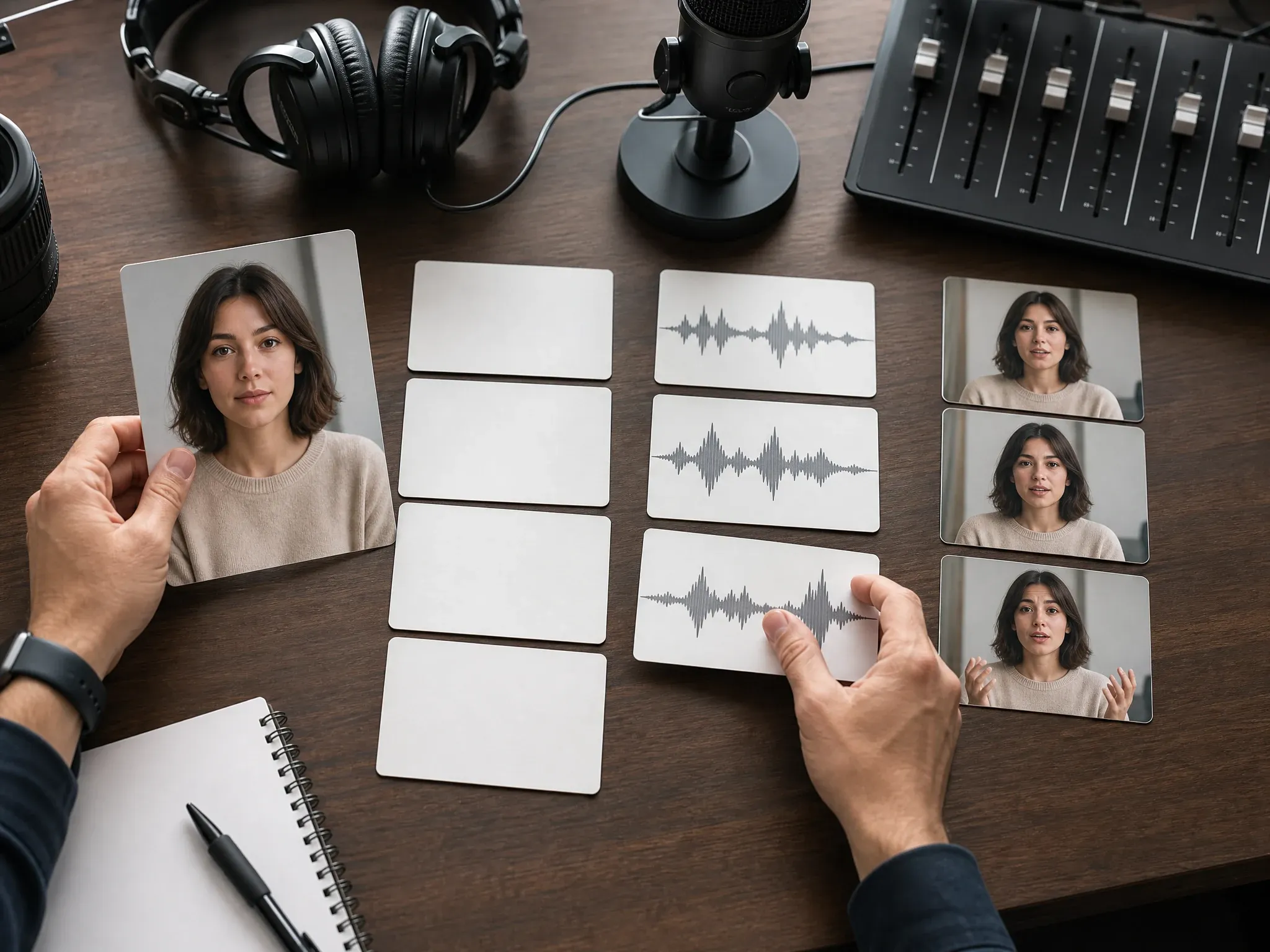 Portrait script and voice review workflow without readable text
