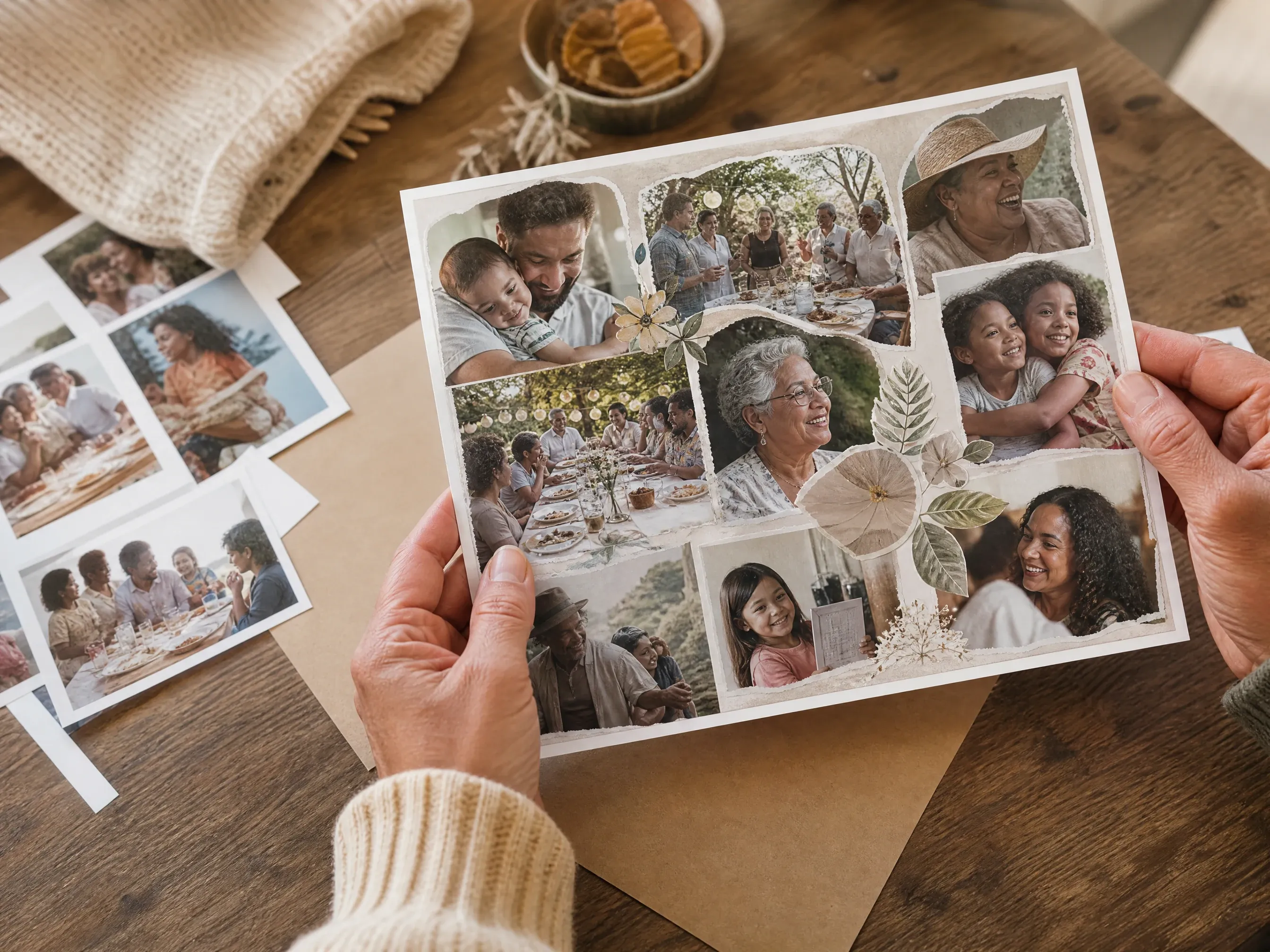 Family scrapbook photo collage with overlapping printed photos