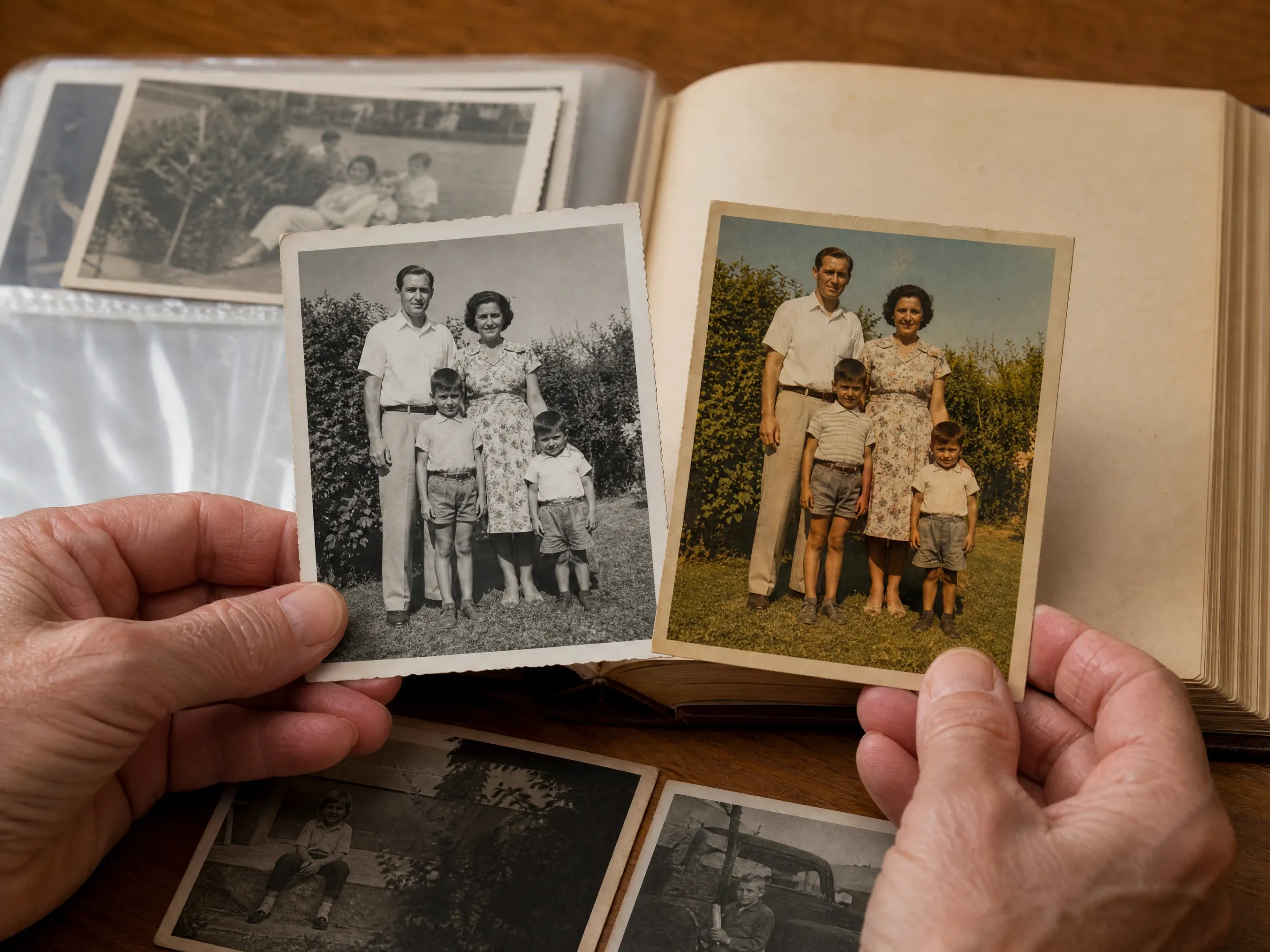 中文 family archive black and white photo beside an AI colorized review copy