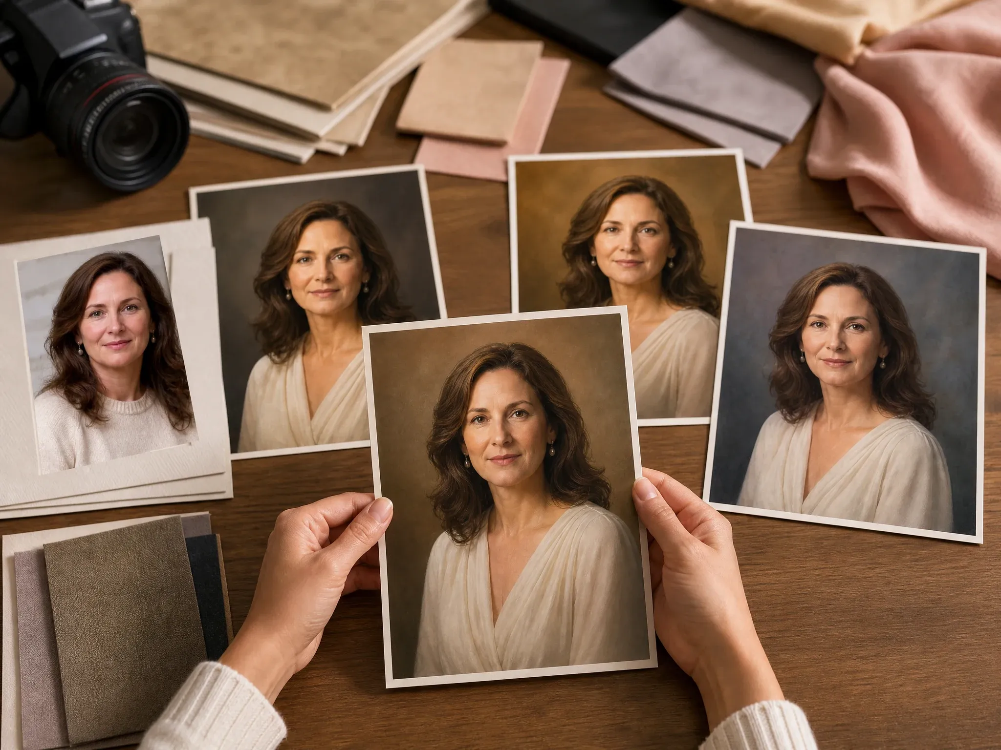 Painterly keepsake portrait variants created from a personal photo