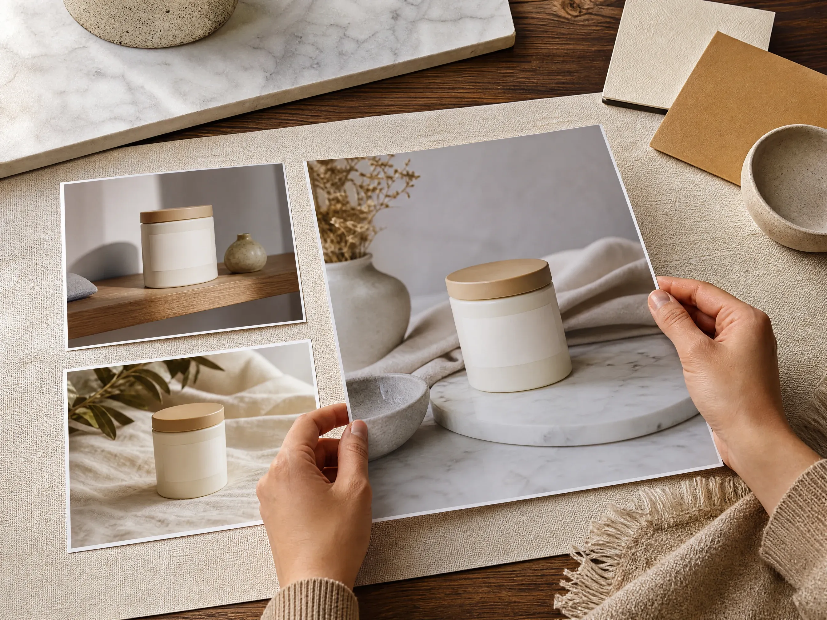 Tabletop lifestyle product photo variations with unbranded objects