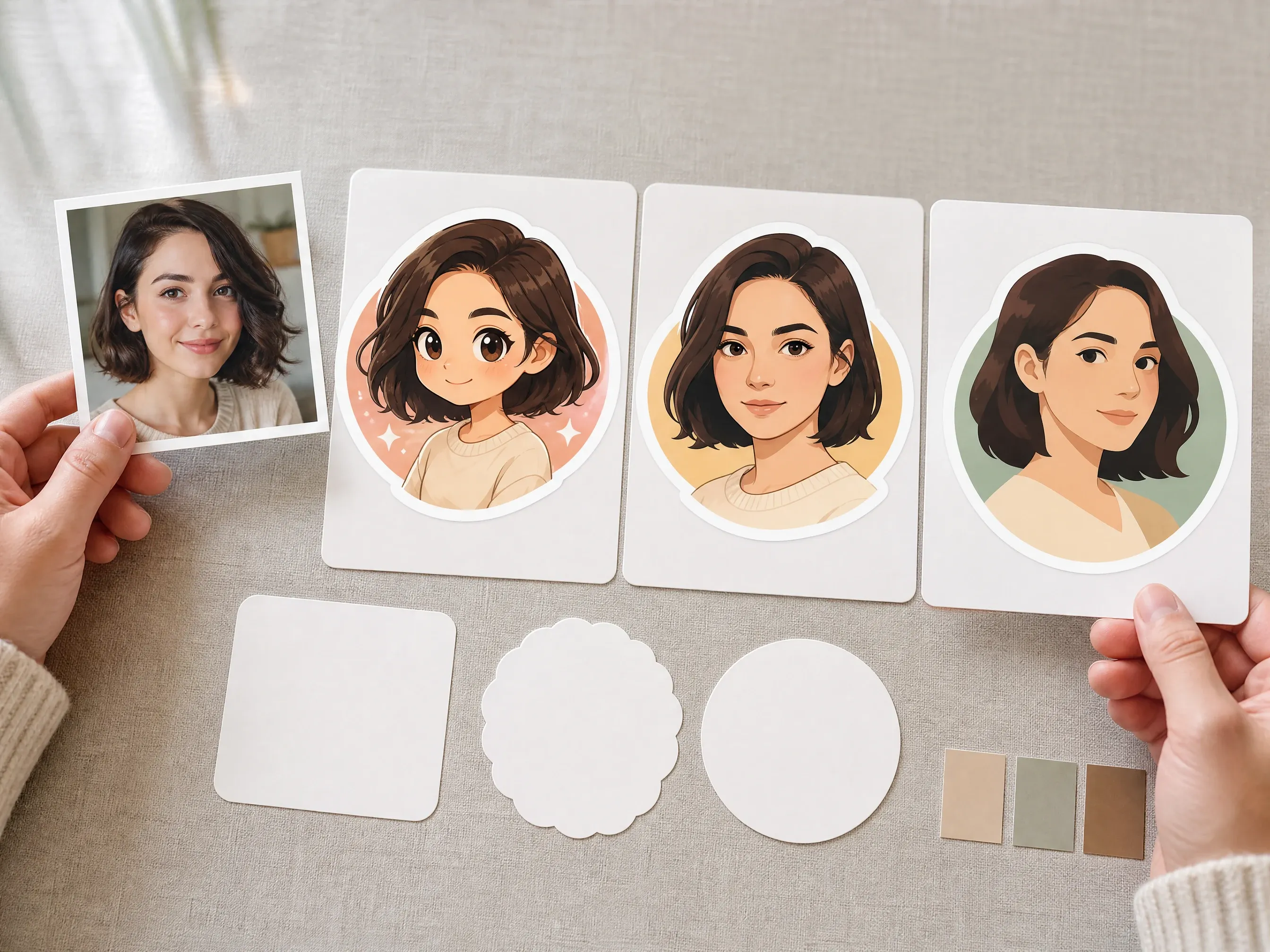 Photo to sticker portrait workflow with source and result cards