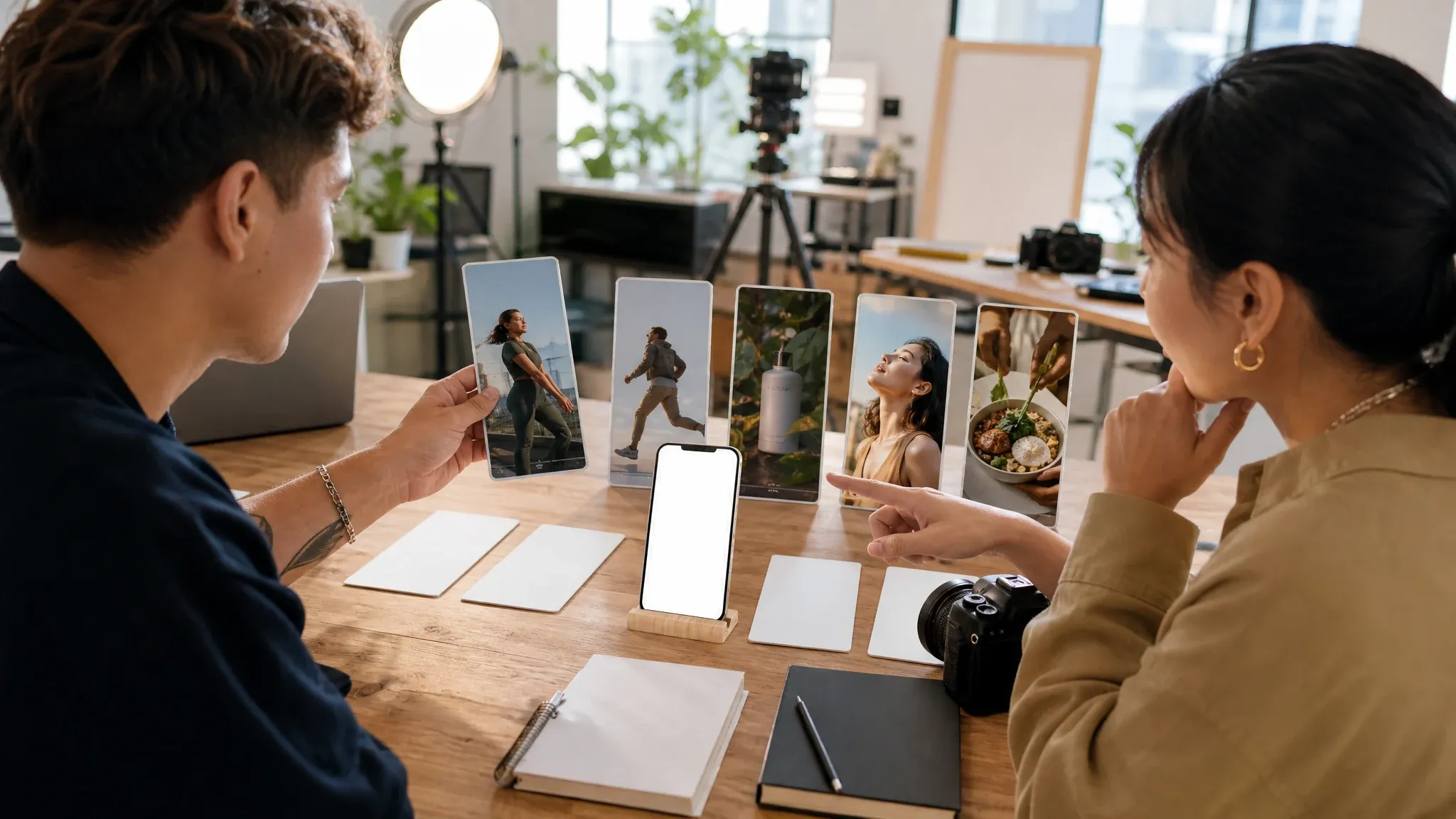 Social video team reviewing vertical AI video hook frames without interface text