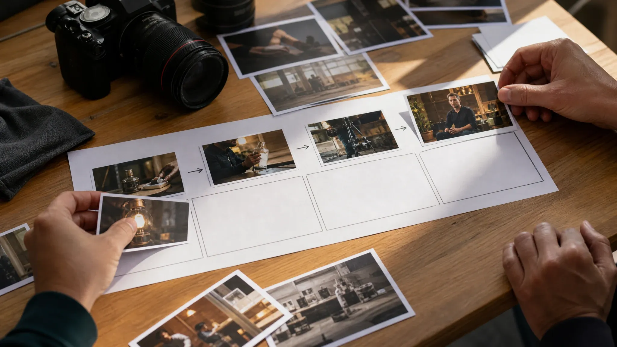 Director desk arranging storyboard and B-roll motion options with no text labels