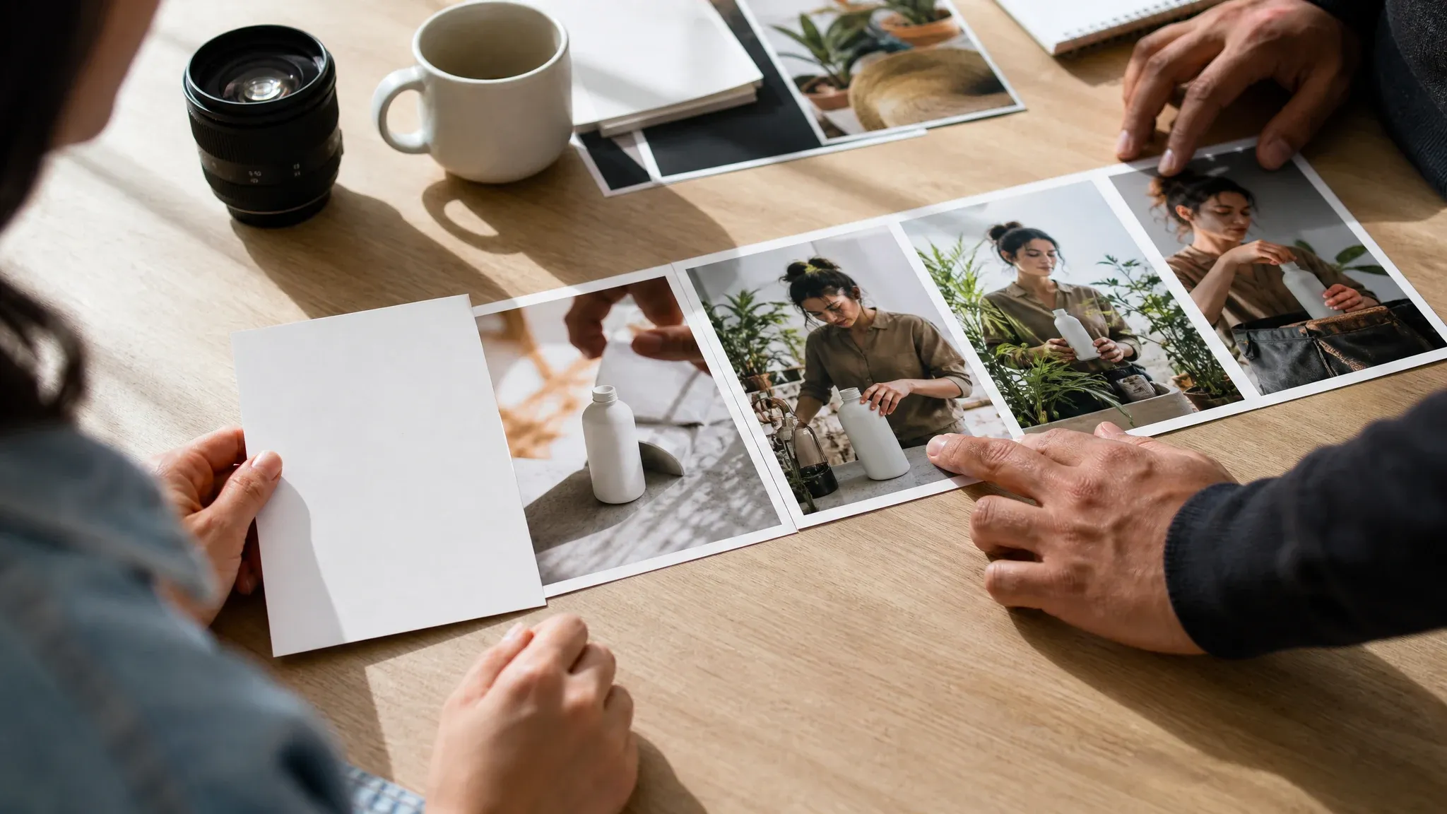 Creative team reviewing prompt-first AI video concept frames with no text