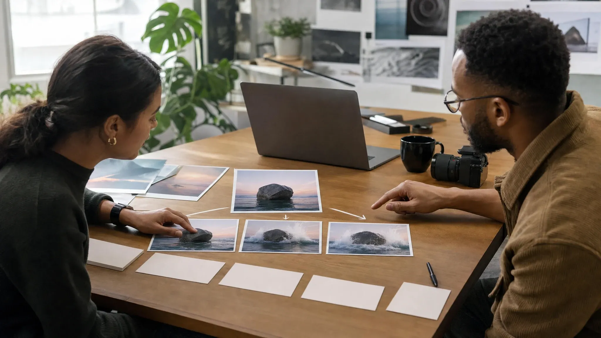 Creative team reviewing source image cards becoming short AI video motion frames