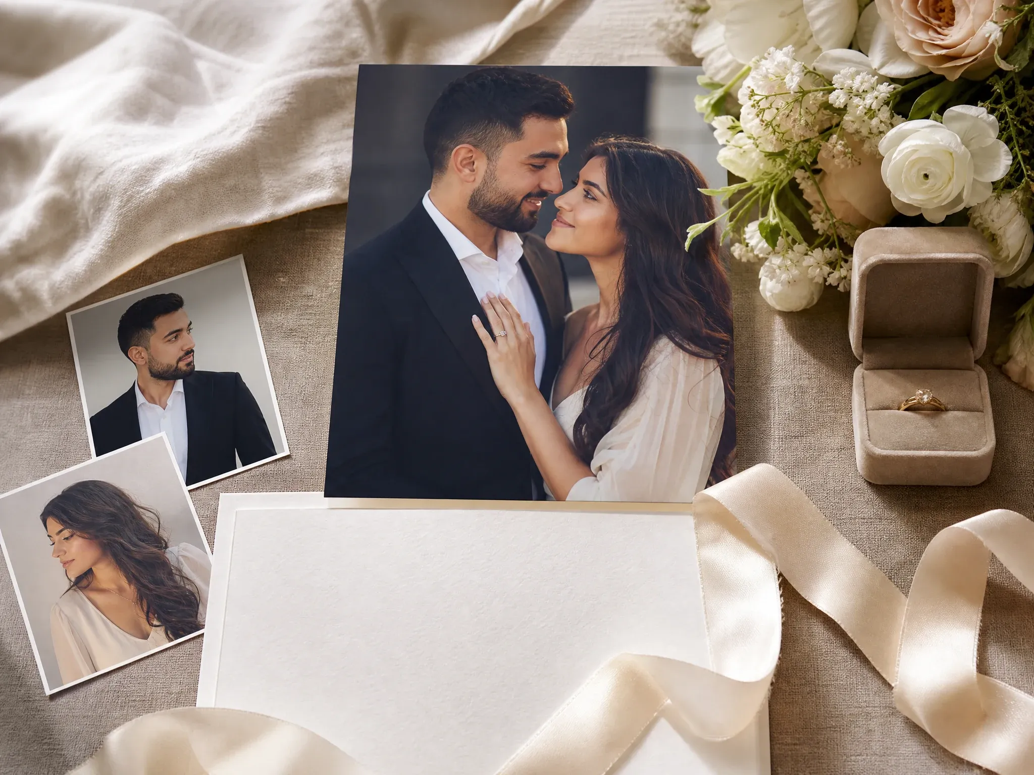 Two partner portraits becoming a save the date wedding photo concept
